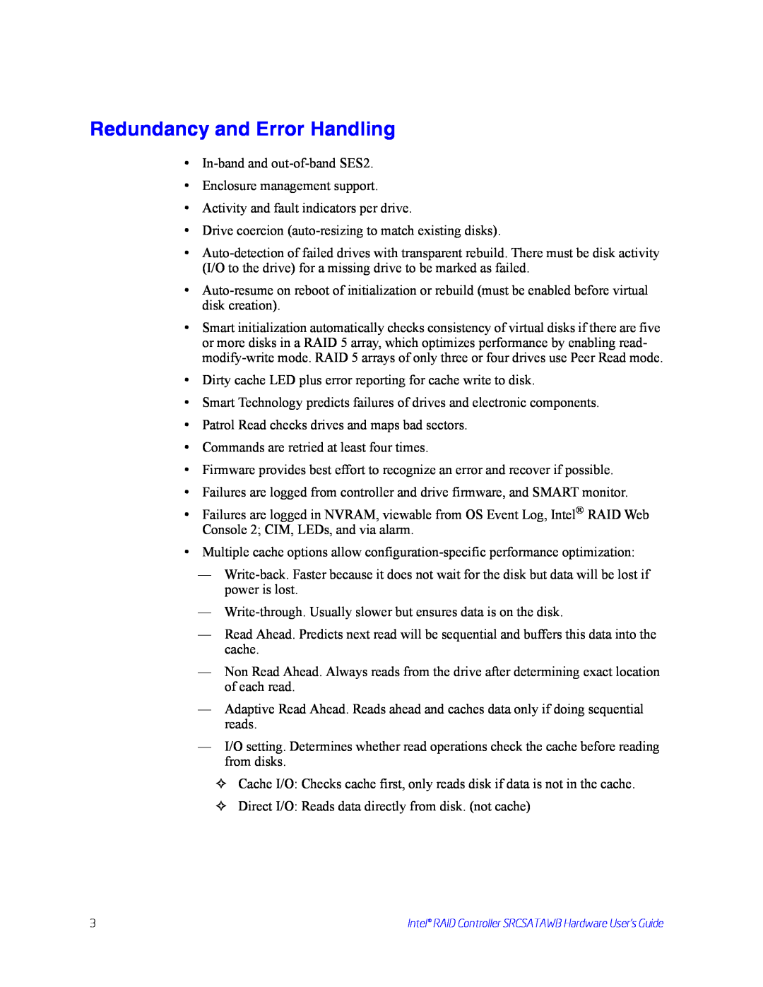 Intel SRCSATAWB manual Redundancy and Error Handling 