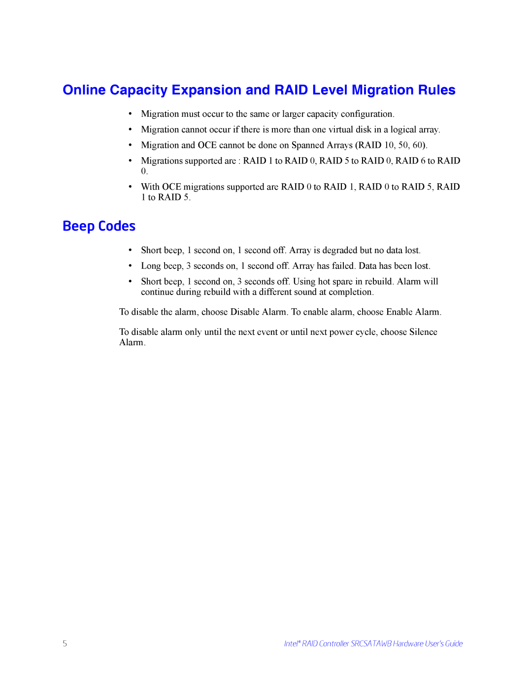 Intel SRCSATAWB manual Online Capacity Expansion and RAID Level Migration Rules, Beep Codes 