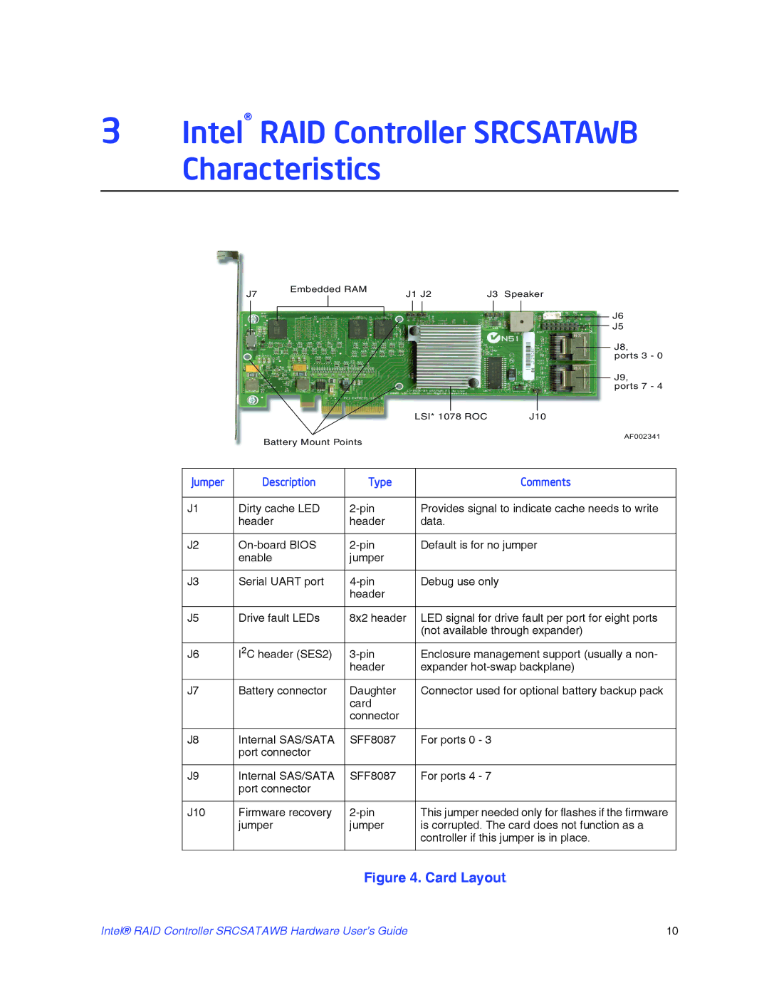 Intel SRCSATAWB manual Intel RAID Controller Srcsatawb Characteristics, Jumper Description Type Comments 