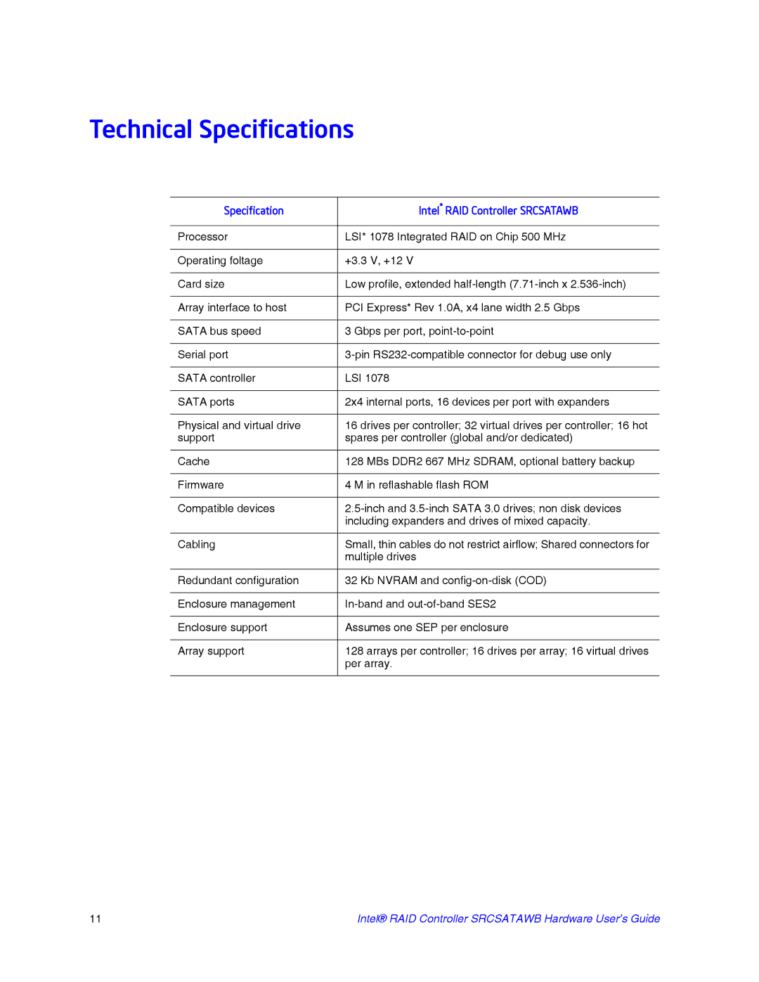 Intel SRCSATAWB manual Technical Specifications, Specification Intel RAID Controller Srcsatawb 