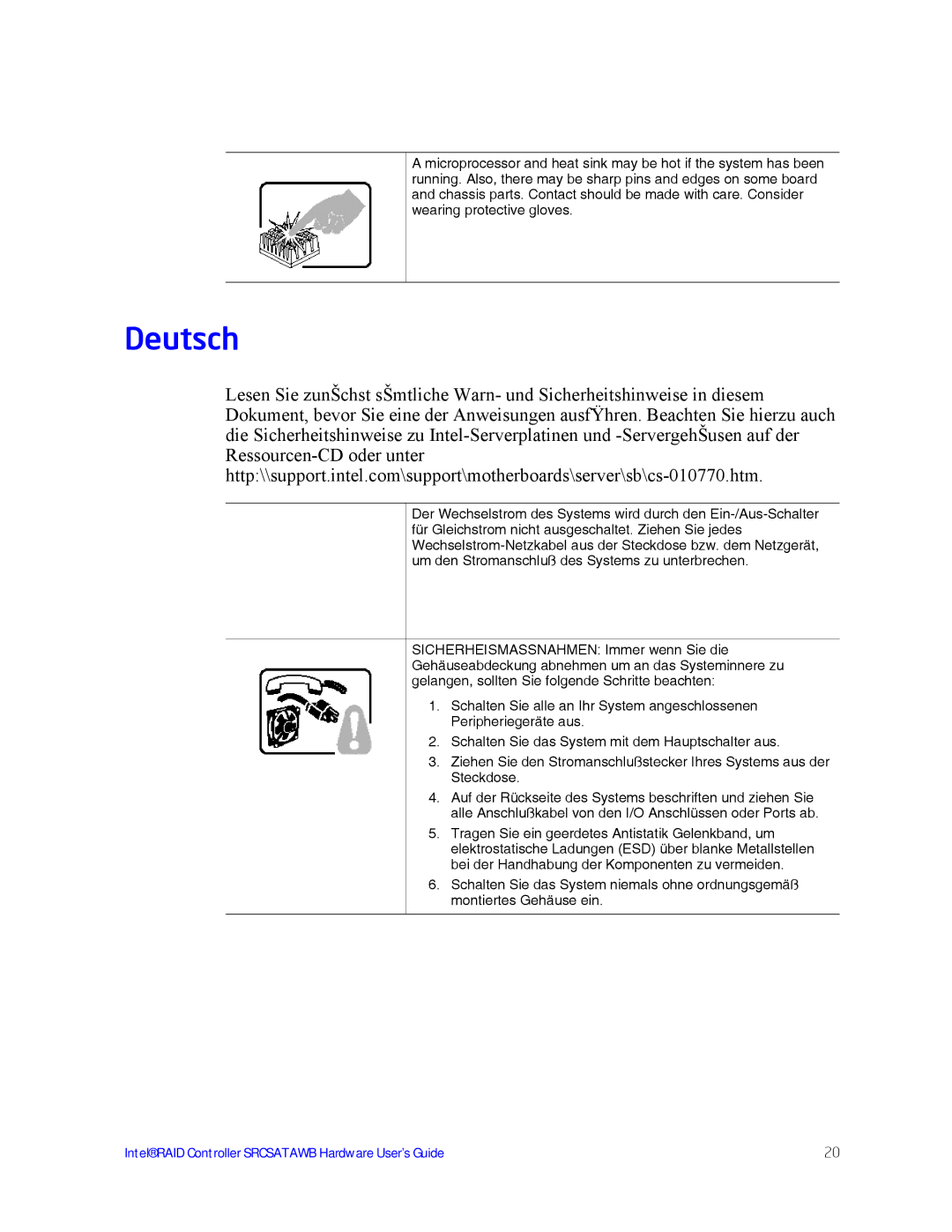 Intel SRCSATAWB manual Deutsch 