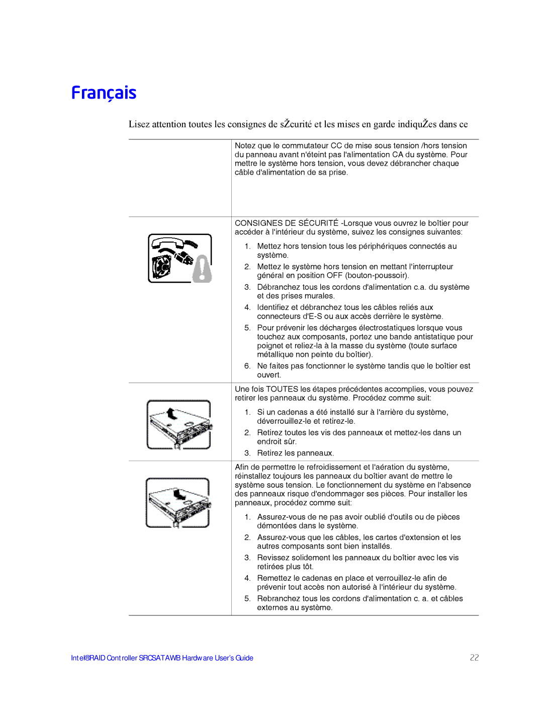 Intel SRCSATAWB manual Français 