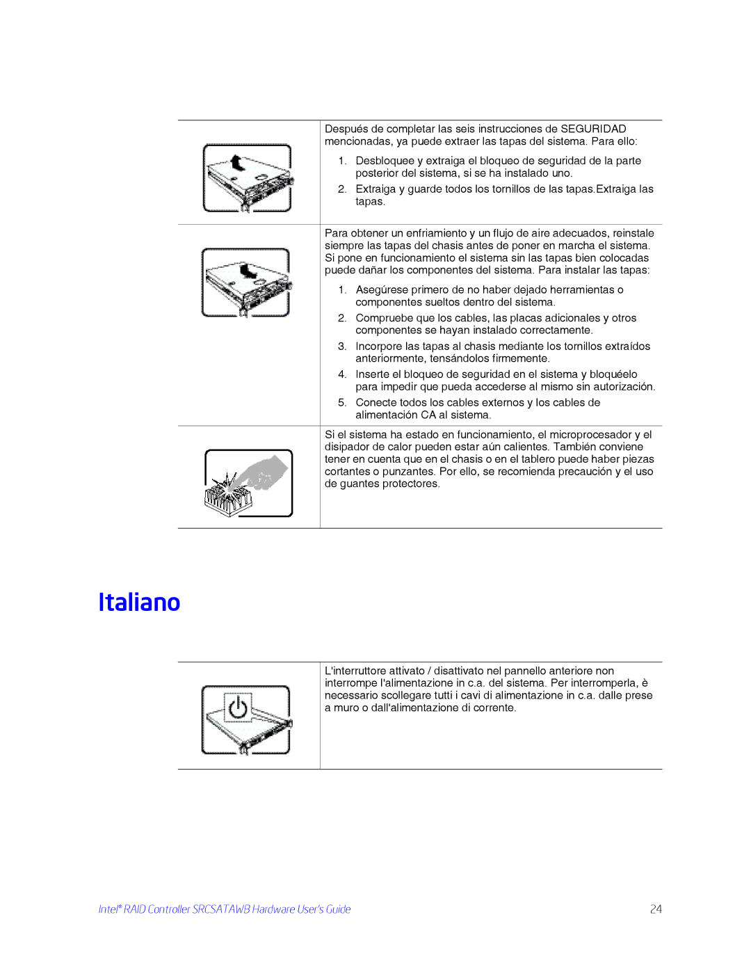 Intel SRCSATAWB manual Italiano 