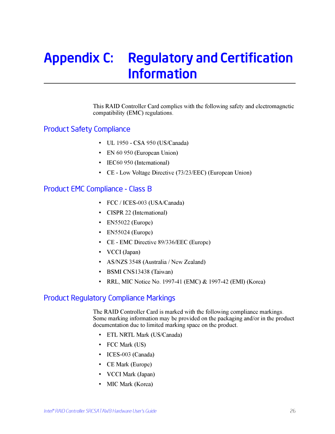 Intel SRCSATAWB manual Appendix C Regulatory and Certification Information, Product Safety Compliance 