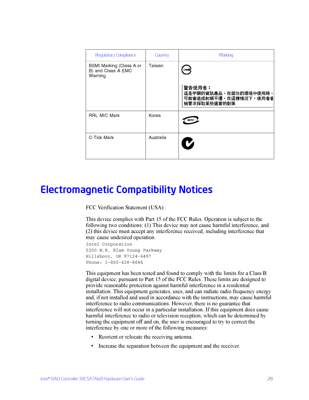 Intel SRCSATAWB manual Electromagnetic Compatibility Notices 