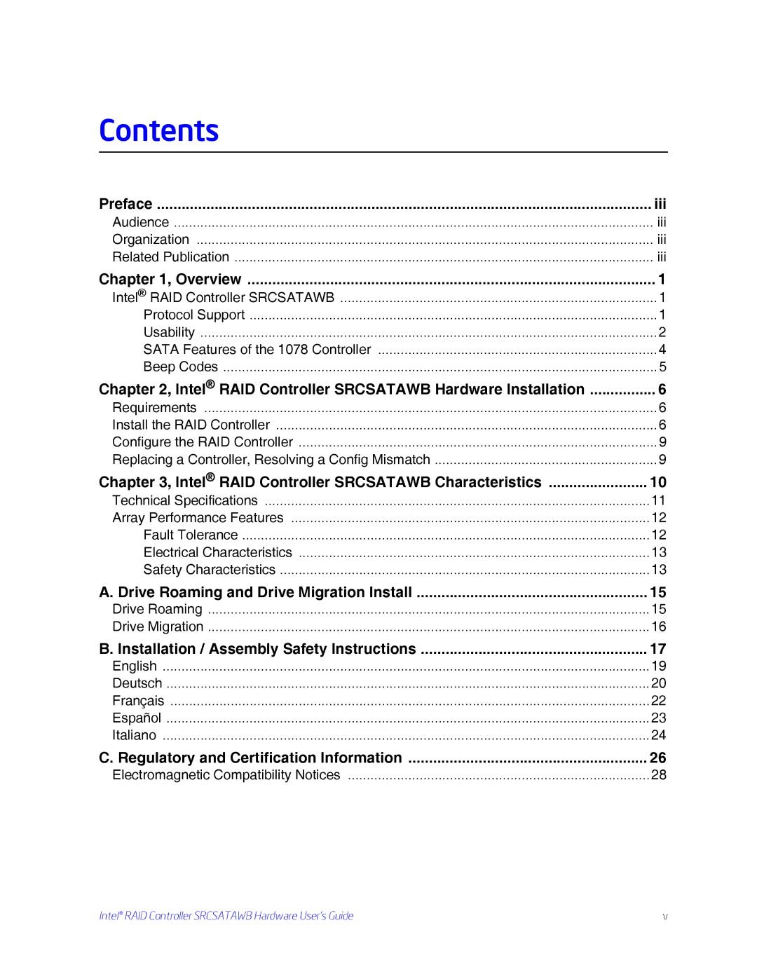 Intel SRCSATAWB manual Contents 