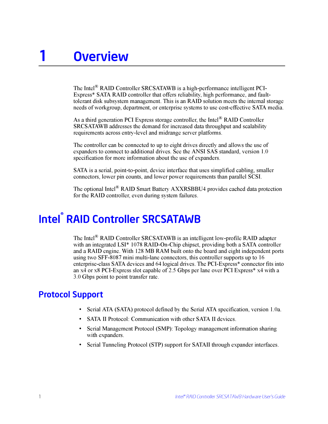 Intel SRCSATAWB manual Overview, Intel RAID Controller Srcsatawb, Protocol Support 