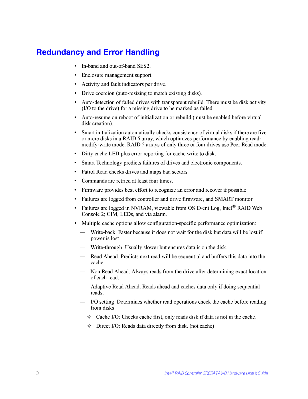 Intel SRCSATAWB manual Redundancy and Error Handling 