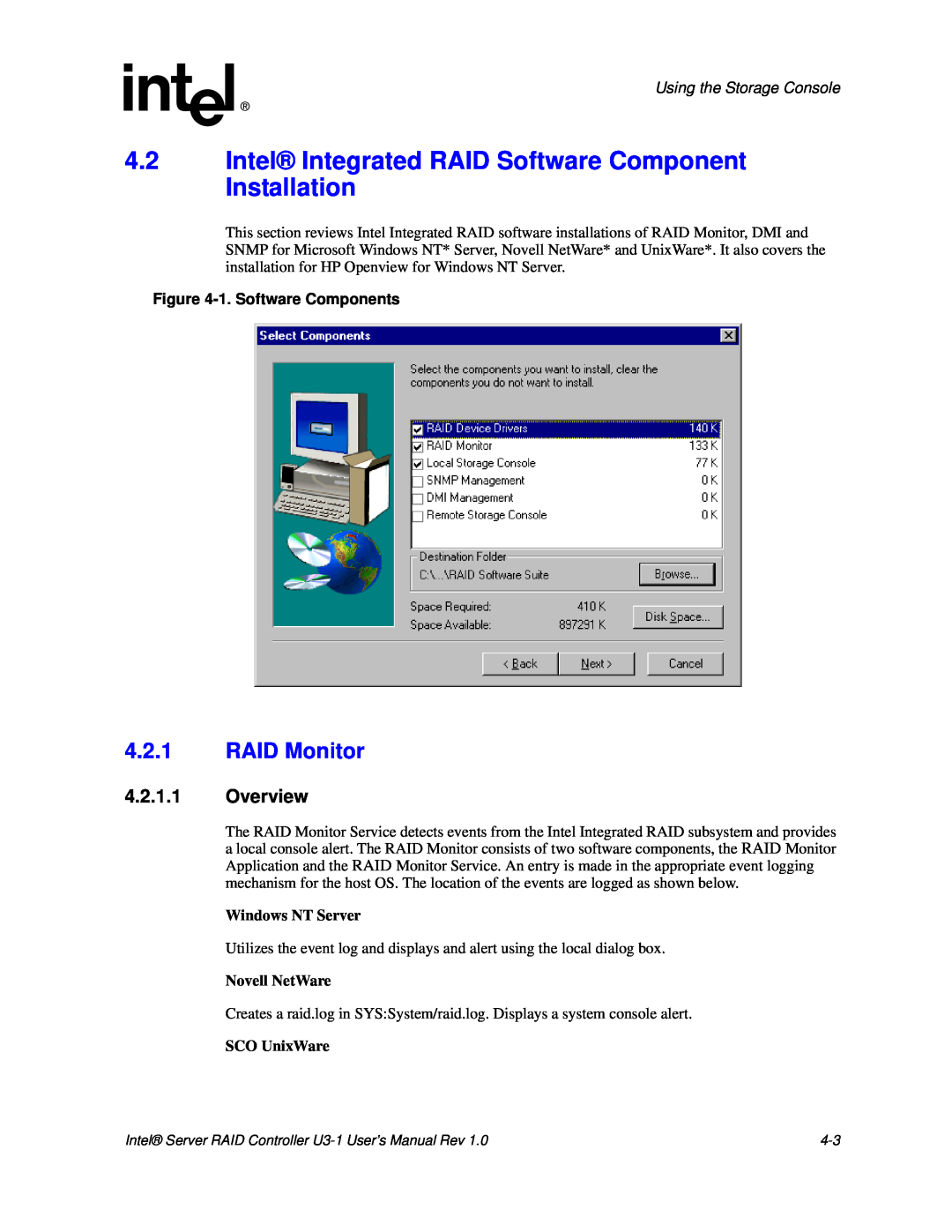 Intel SRCU31 4.2.1.1Overview, Using the Storage Console, 1.Software Components, Windows NT Server, Novell NetWare 
