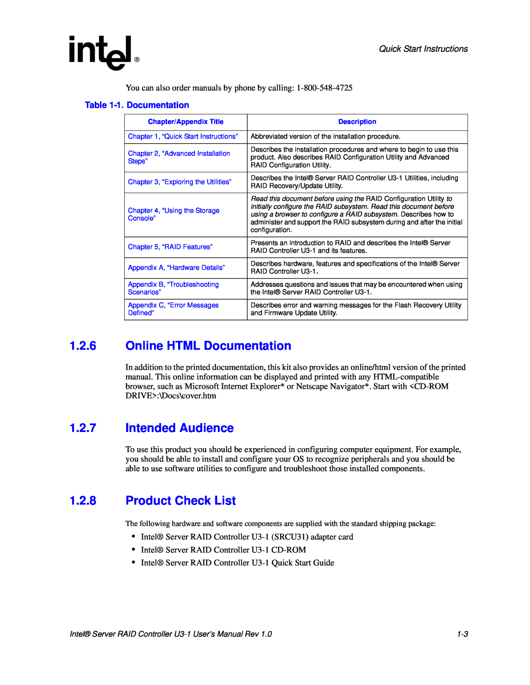Intel SRCU31 user manual 1.2.6Online HTML Documentation, 1.2.7Intended Audience, 1.2.8Product Check List, 1.Documentation 