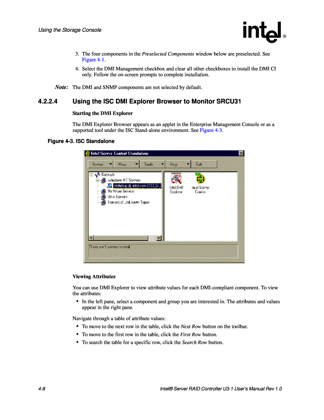 Intel SRCU31 user manual Using the Storage Console, Starting the DMI Explorer, 3.ISC Standalone, Viewing Attributes 
