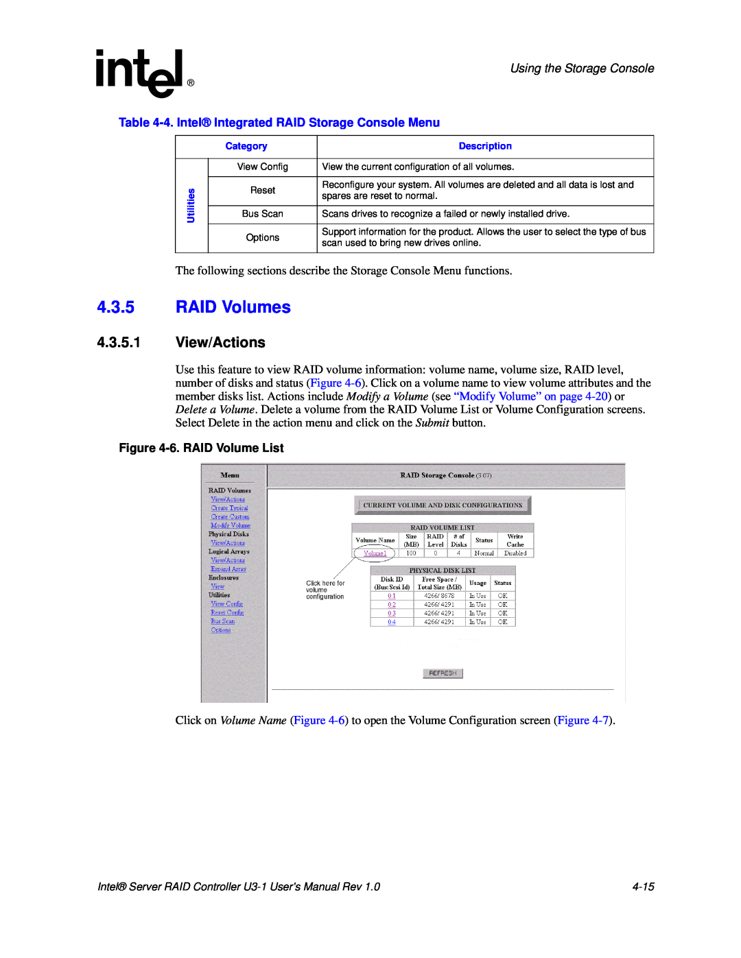 Intel SRCU31 user manual 4.3.5RAID Volumes, 4.3.5.1View/Actions, Using the Storage Console, 6.RAID Volume List 
