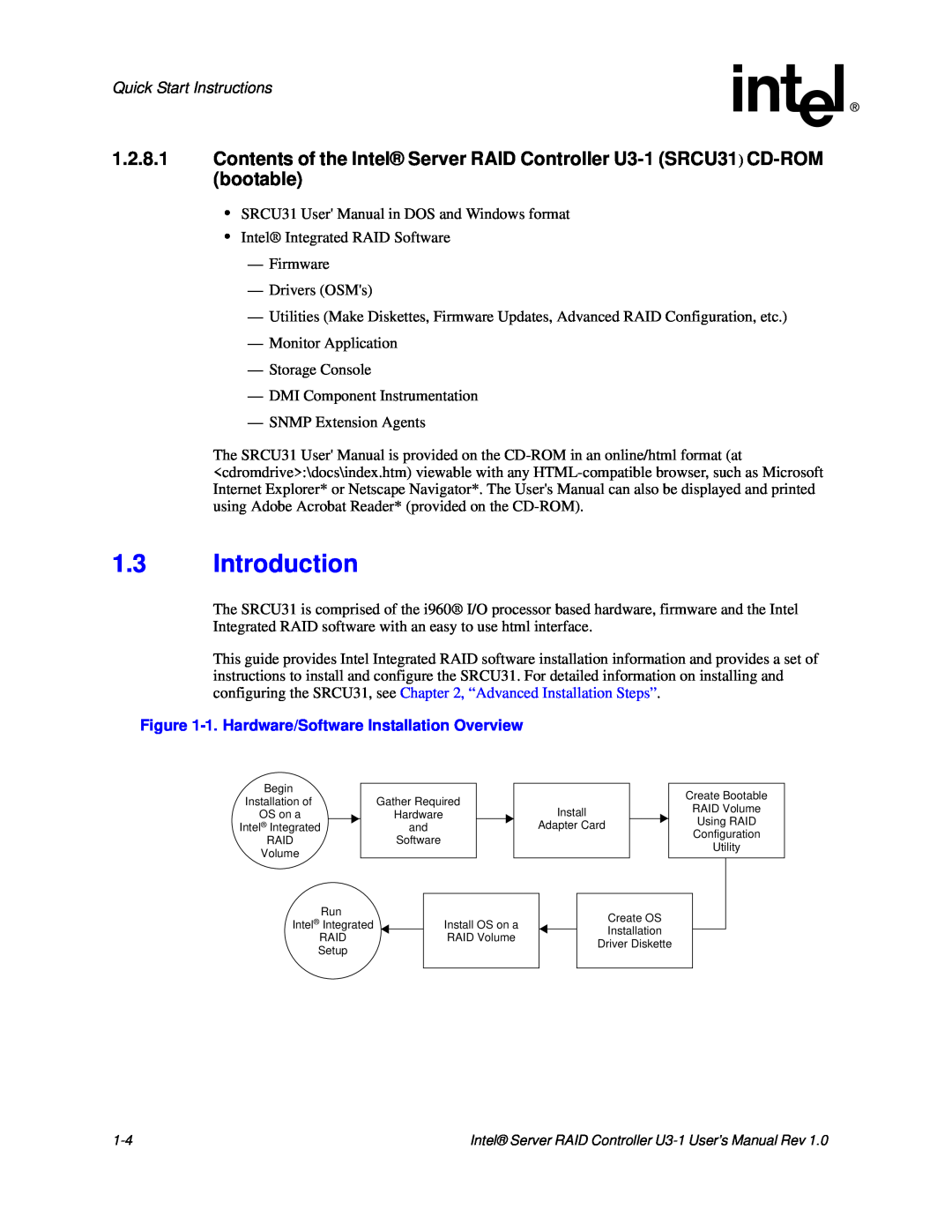 Intel SRCU31 user manual 1.3Introduction, Quick Start Instructions 