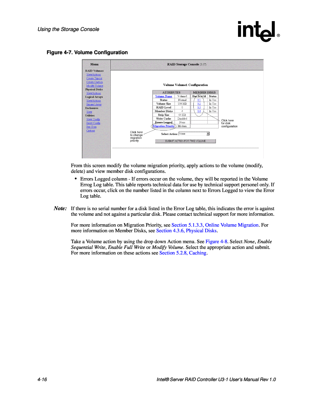 Intel SRCU31 user manual Using the Storage Console, 7.Volume Configuration, 4-16 