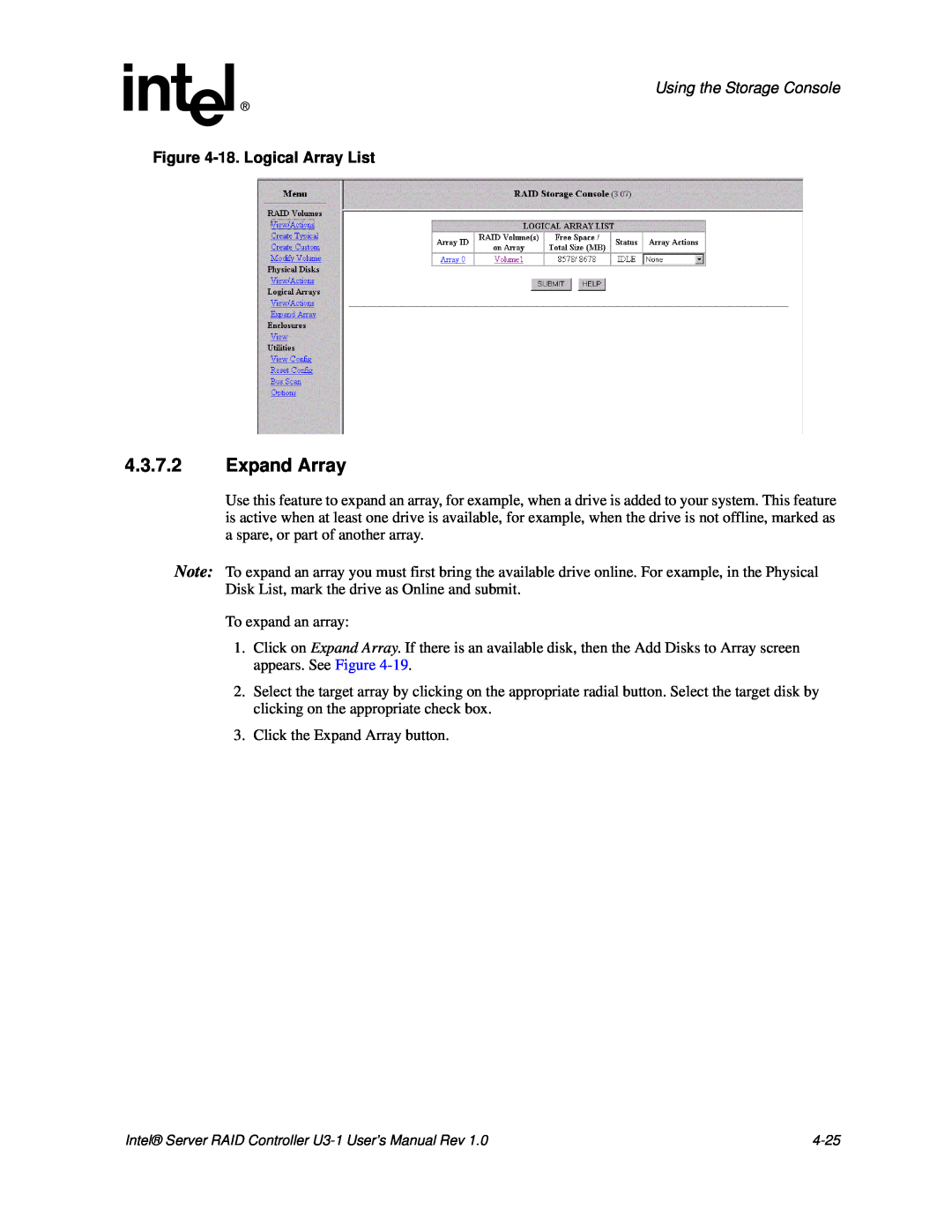 Intel SRCU31 user manual 4.3.7.2Expand Array, Using the Storage Console, 18.Logical Array List 