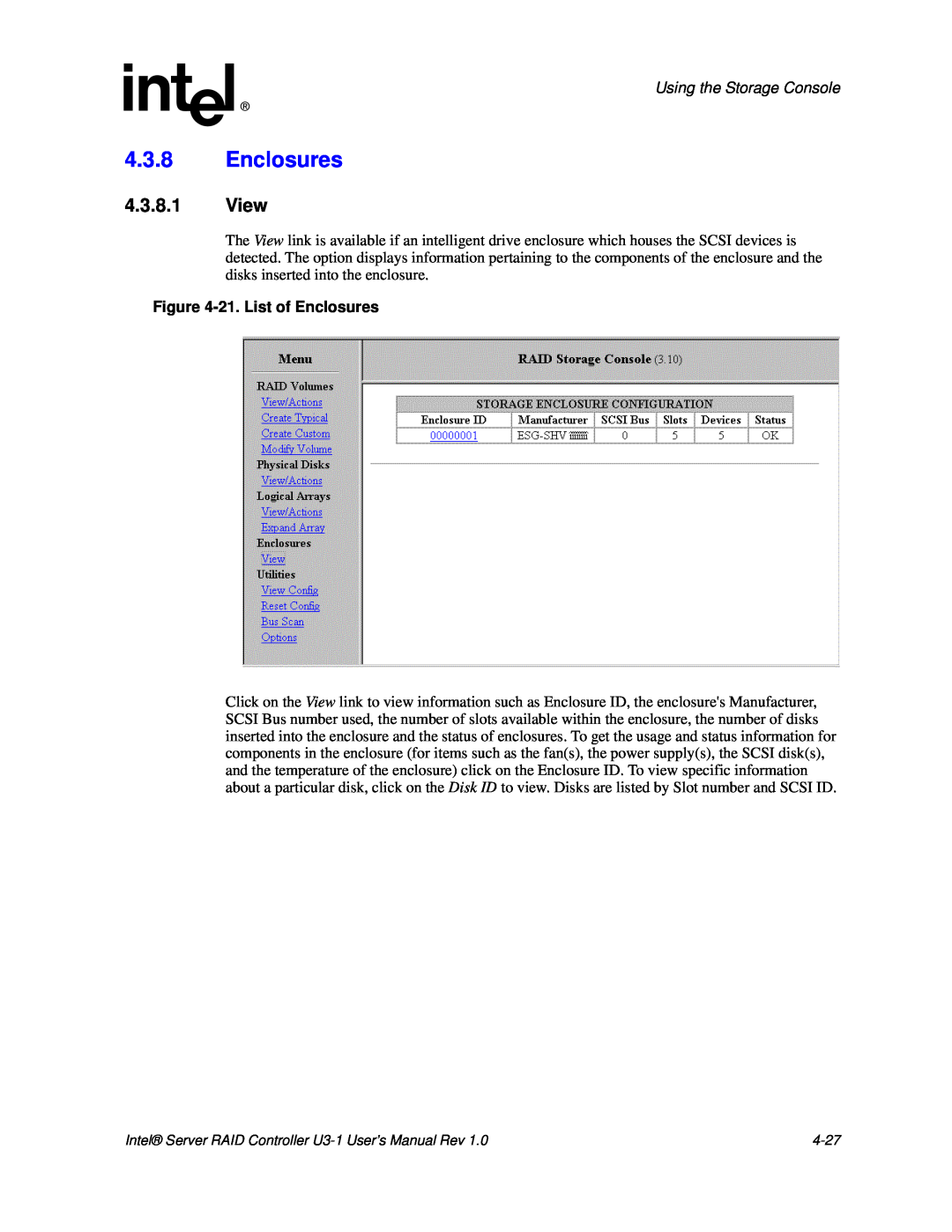 Intel SRCU31 user manual 4.3.8Enclosures, 4.3.8.1View, Using the Storage Console, 21.List of Enclosures, 4-27 