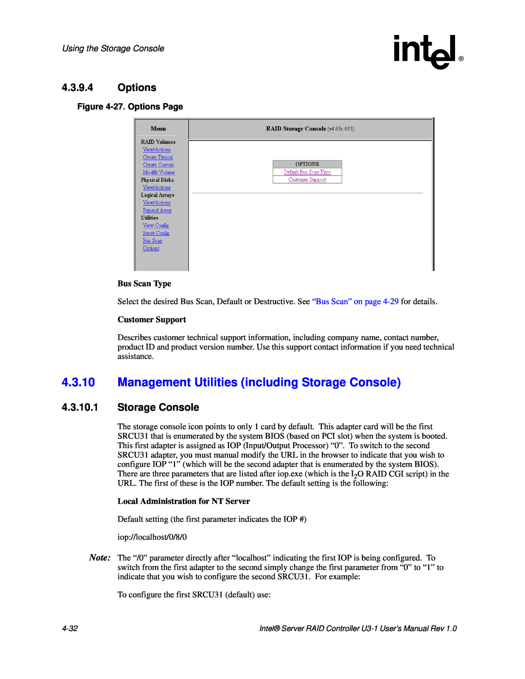 Intel SRCU31 user manual 4.3.9.4Options, 4.3.10.1Storage Console, Using the Storage Console, 27.Options Page, Bus Scan Type 