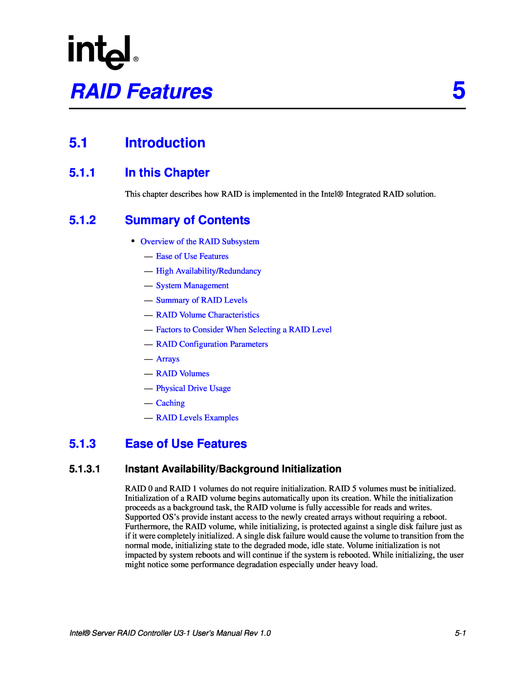 Intel SRCU31 user manual RAID Features, 5.1Introduction 