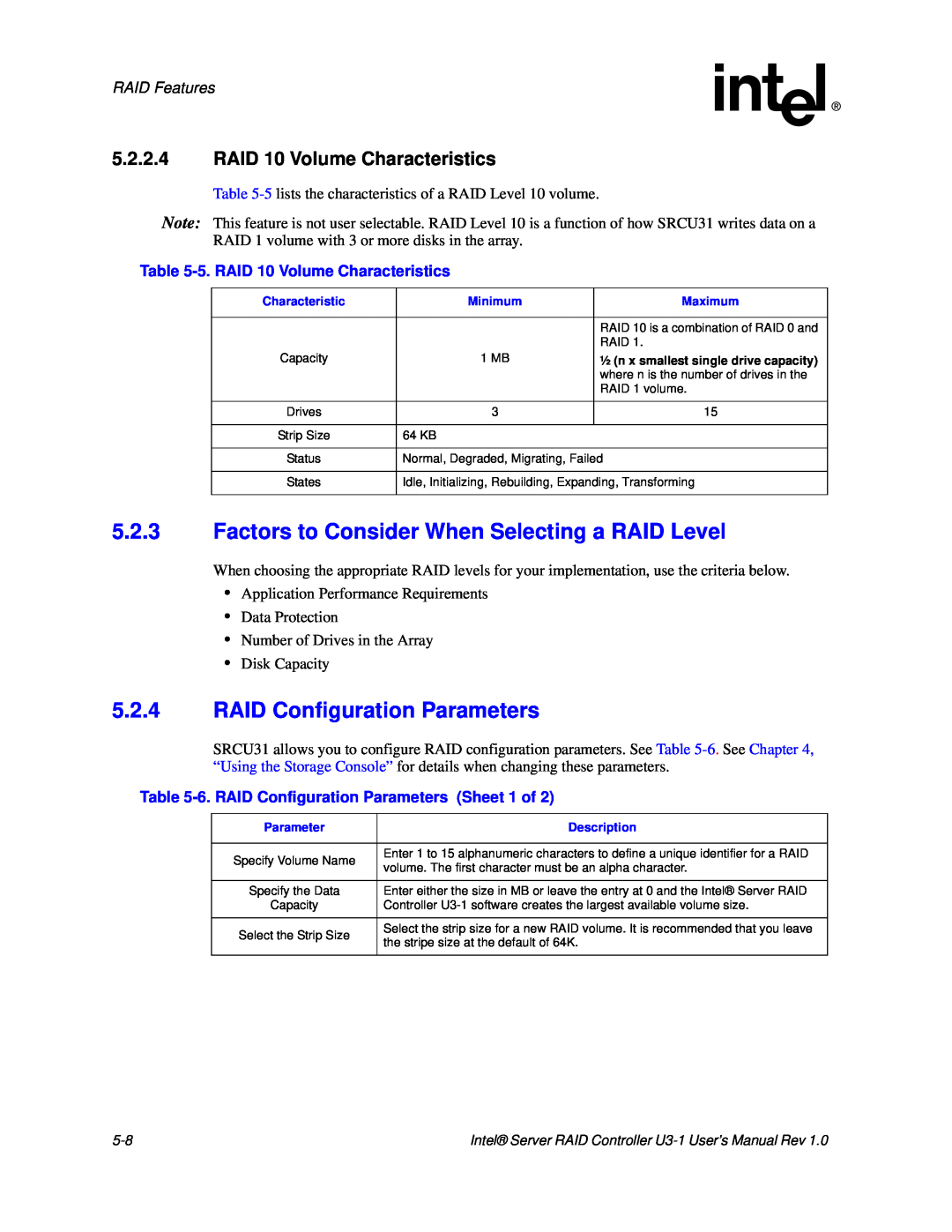 Intel SRCU31 user manual 5.2.4RAID Configuration Parameters, 5.2.2.4RAID 10 Volume Characteristics, RAID Features 