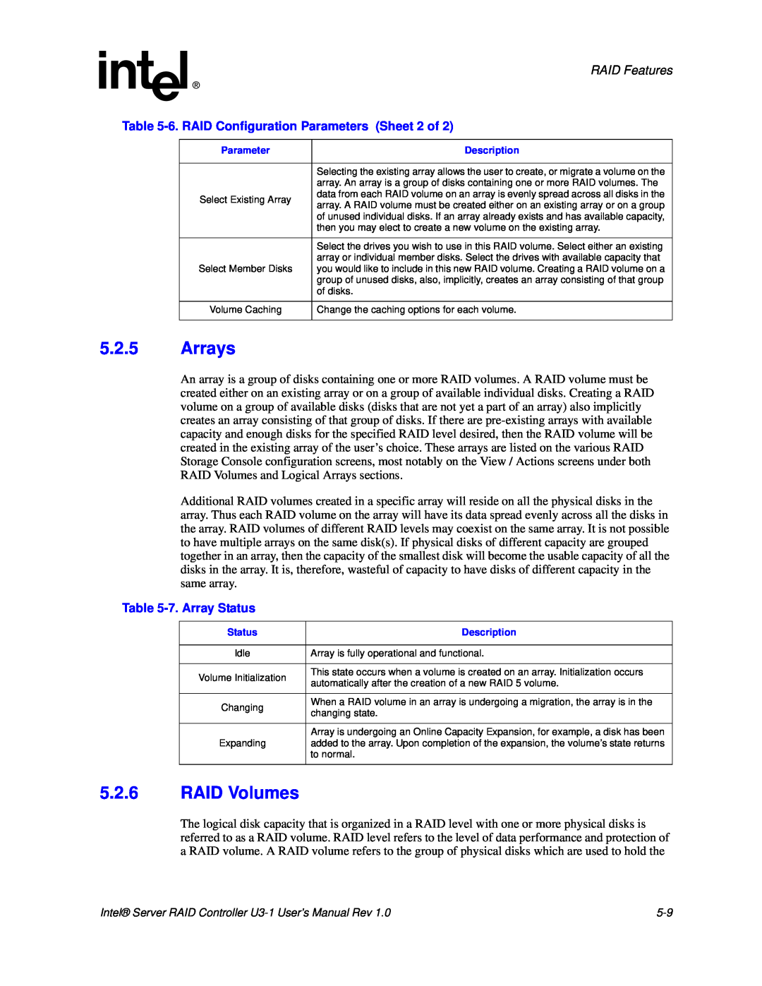 Intel SRCU31 user manual 5.2.5Arrays, 5.2.6RAID Volumes, RAID Features, 7.Array Status 
