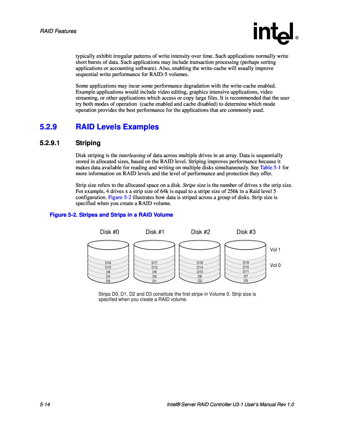 Intel SRCU31 user manual 5.2.9.1Striping, Disk #0, Disk #1, Disk #2, RAID Features, 2.Stripes and Strips in a RAID Volume 