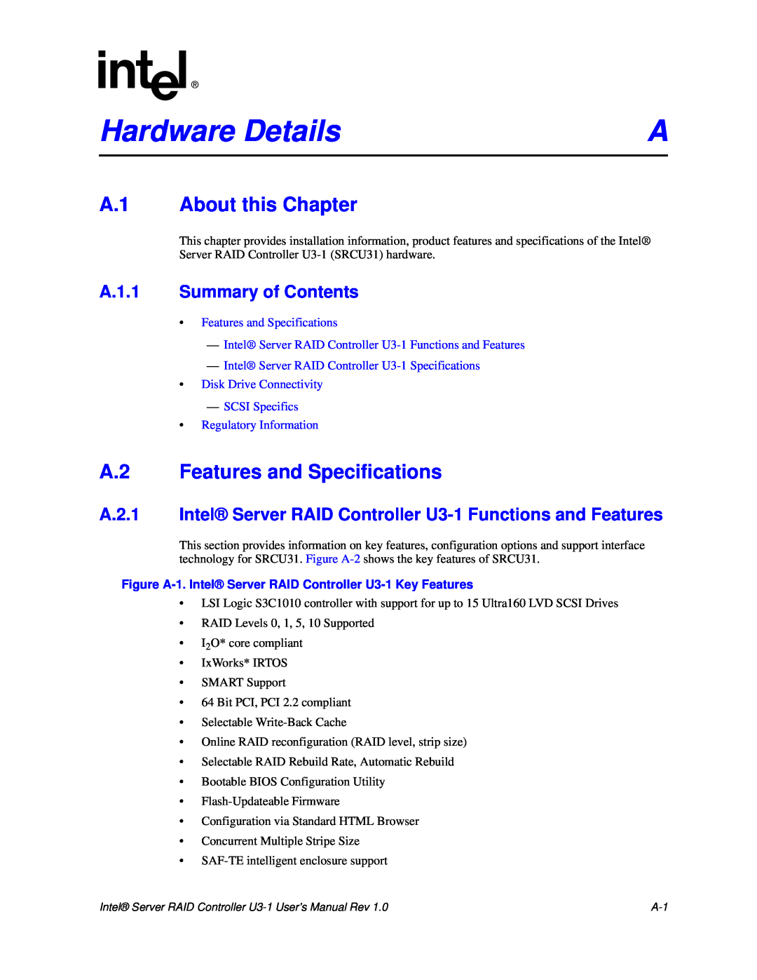 Intel SRCU31 user manual Hardware Details, A.1 About this Chapter, A.2 Features and Specifications 