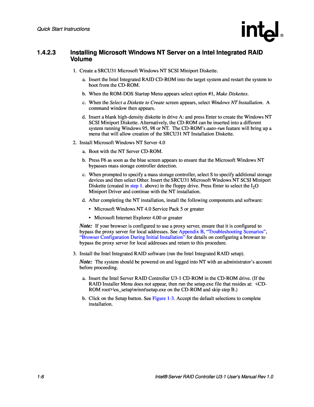 Intel SRCU31 user manual Quick Start Instructions, Install Microsoft Windows NT Server 