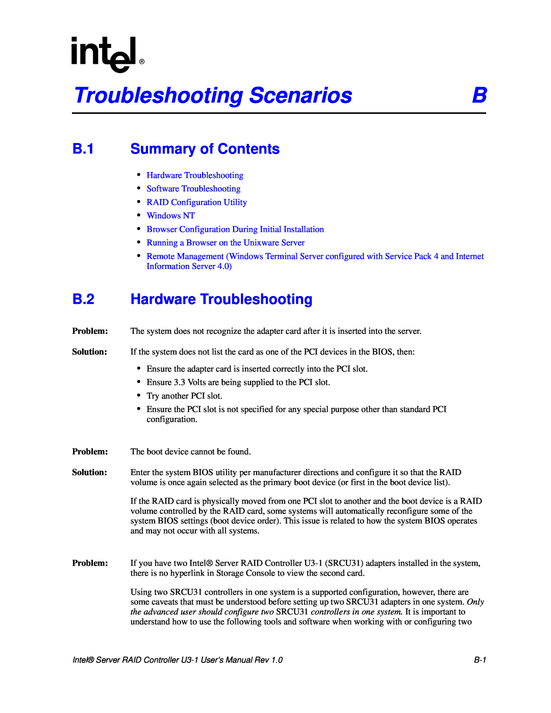 Intel SRCU31 user manual Troubleshooting Scenarios, B.1 Summary of Contents, B.2 Hardware Troubleshooting 