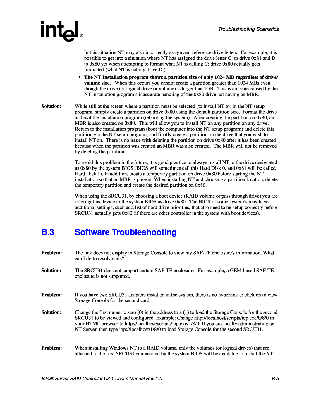 Intel SRCU31 user manual B.3 Software Troubleshooting, Troubleshooting Scenarios 