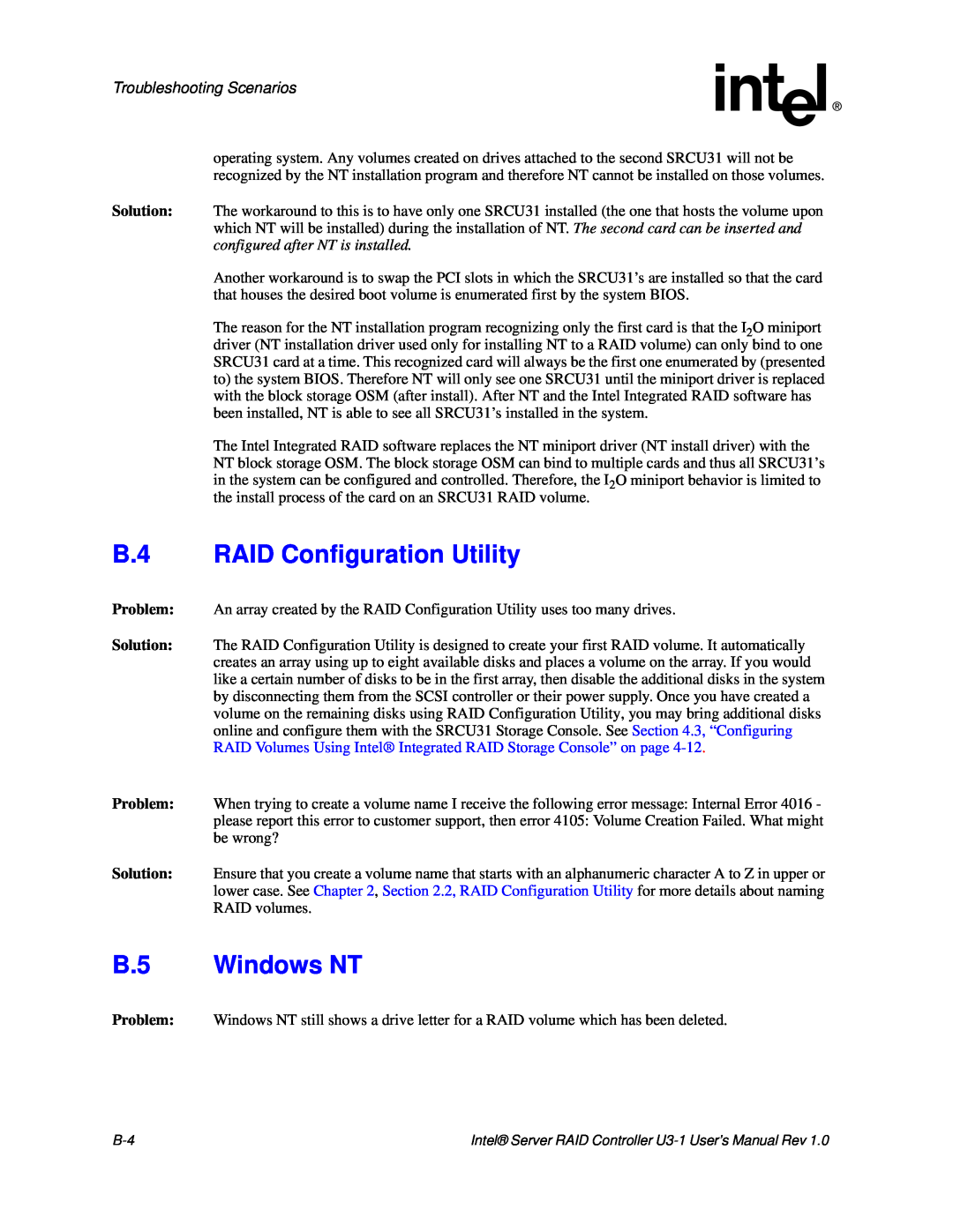 Intel SRCU31 user manual B.4 RAID Configuration Utility, B.5 Windows NT, Troubleshooting Scenarios 