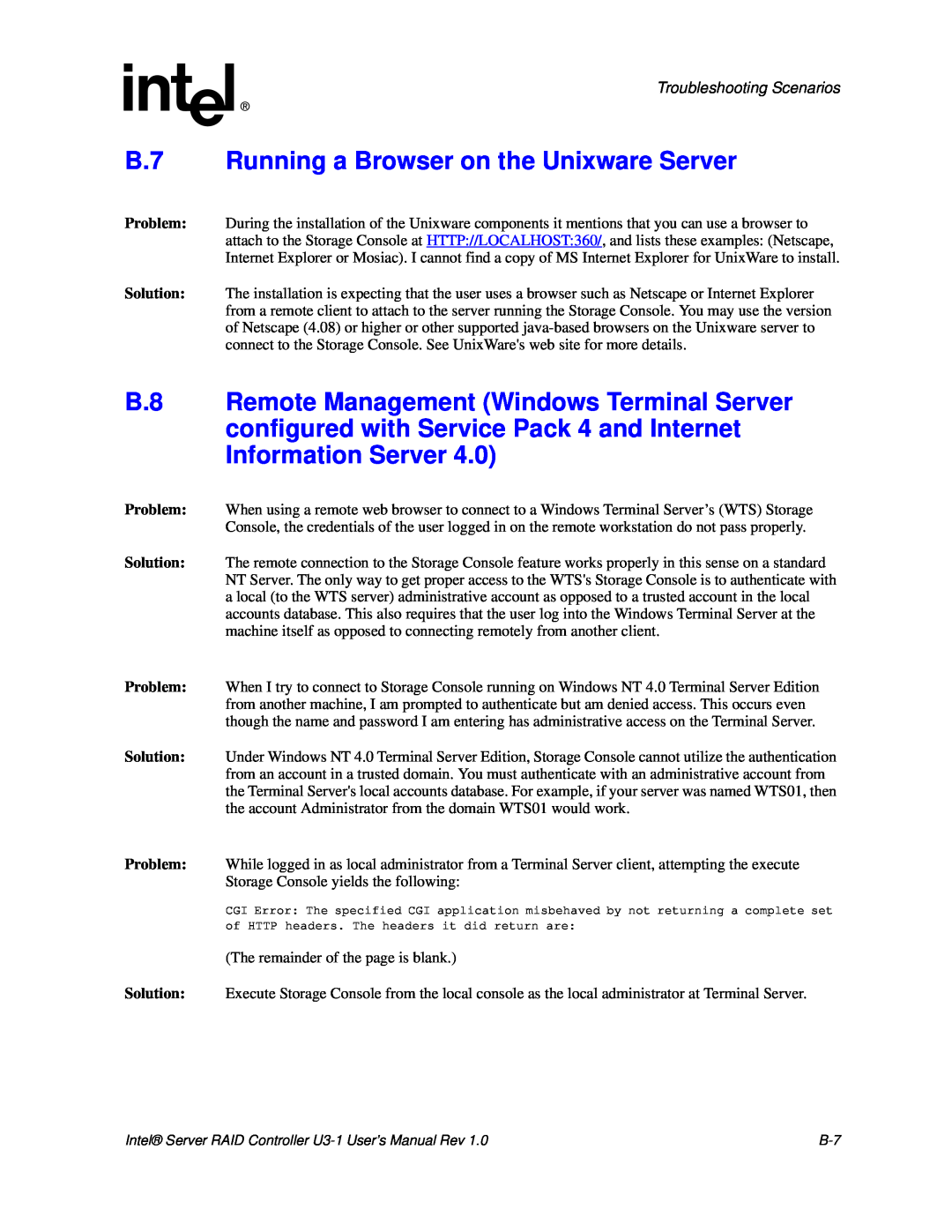 Intel SRCU31 user manual B.7 Running a Browser on the Unixware Server, Troubleshooting Scenarios 