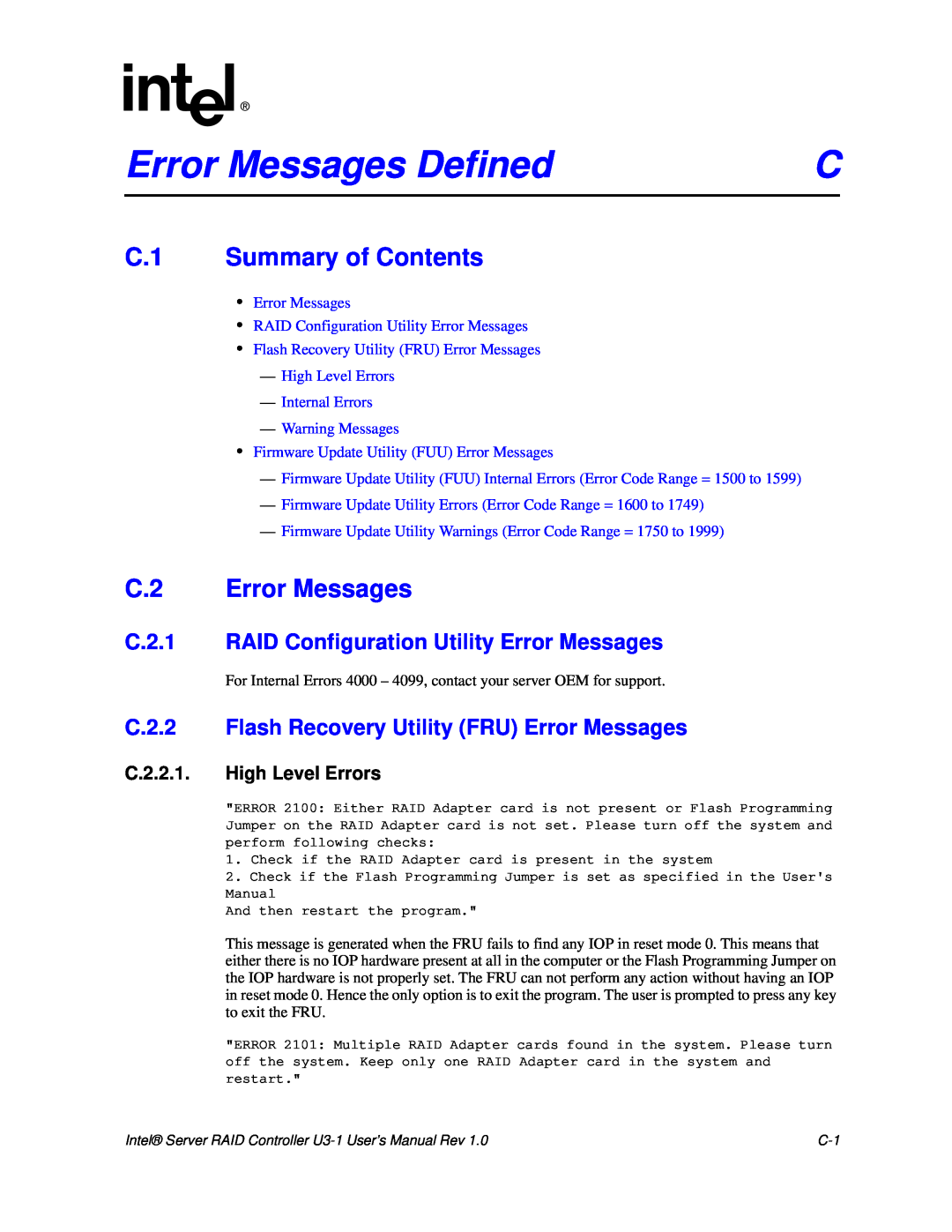 Intel SRCU31 user manual Error Messages Defined, C.1 Summary of Contents, C.2 Error Messages, C.2.2.1. High Level Errors 