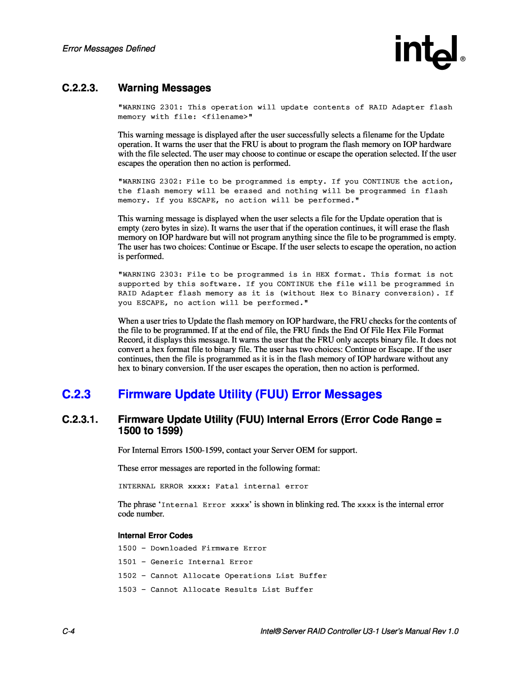 Intel SRCU31 C.2.3 Firmware Update Utility FUU Error Messages, C.2.2.3. Warning Messages, Error Messages Defined 