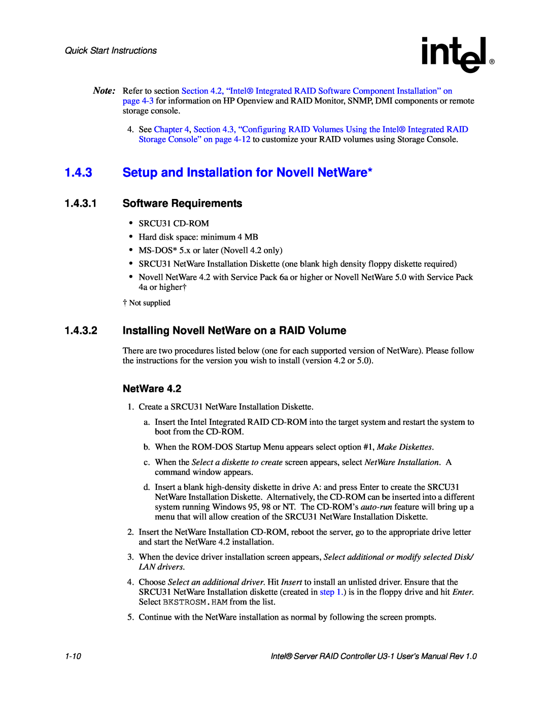 Intel SRCU31 1.4.3Setup and Installation for Novell NetWare, 1.4.3.1Software Requirements, Quick Start Instructions 