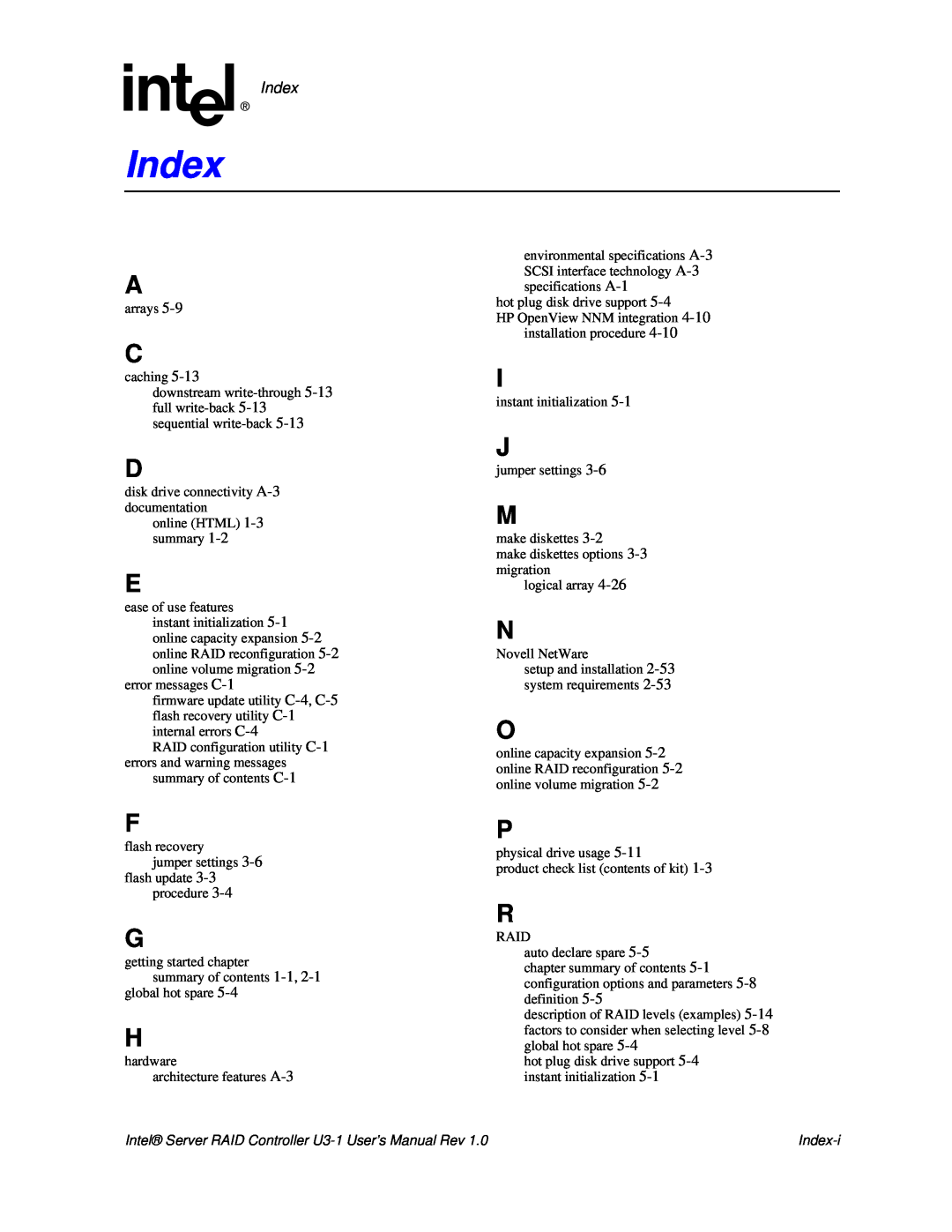 Intel SRCU31 user manual Index 