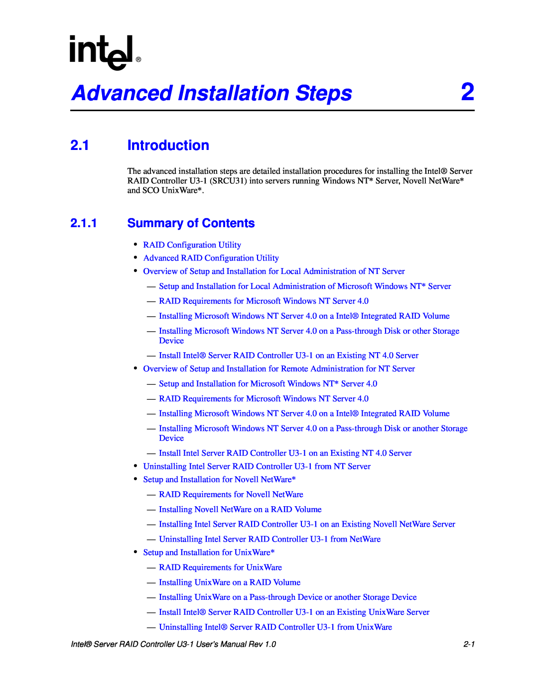 Intel SRCU31 user manual Advanced Installation Steps, 2.1Introduction 