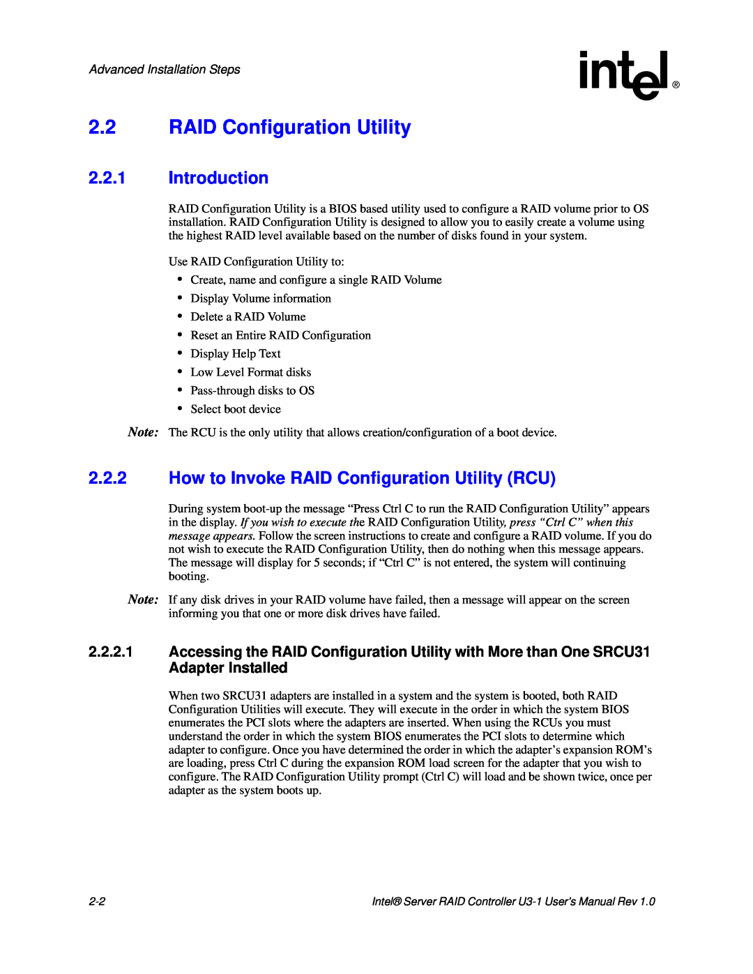 Intel SRCU31 2.2RAID Configuration Utility, 2.2.1Introduction, 2.2.2How to Invoke RAID Configuration Utility RCU 