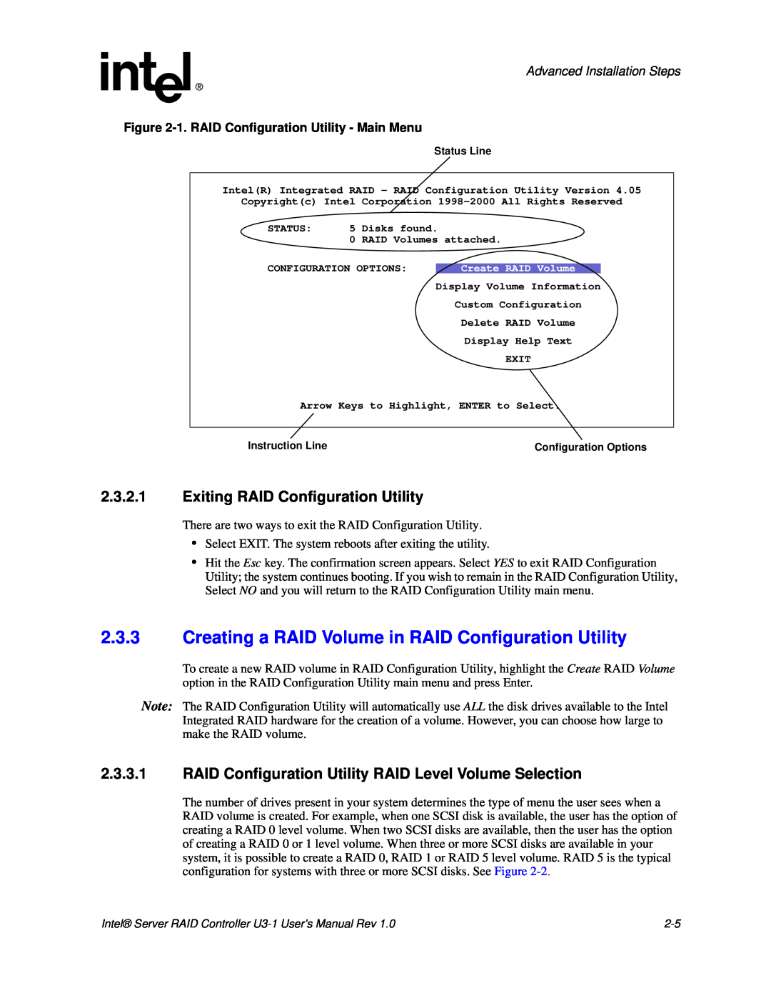 Intel SRCU31 user manual 2.3.2.1Exiting RAID Configuration Utility, Advanced Installation Steps 
