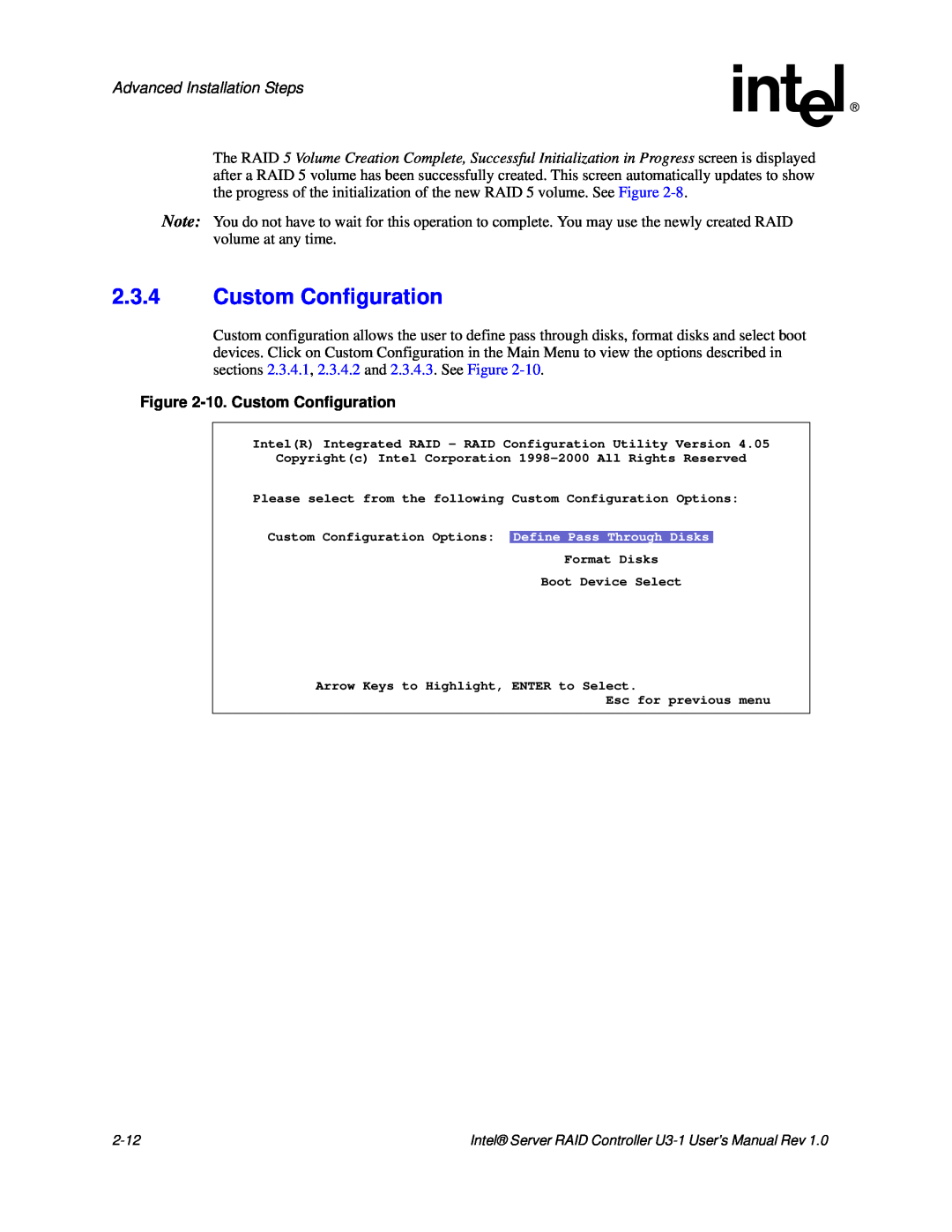 Intel SRCU31 user manual 2.3.4Custom Configuration, Advanced Installation Steps, 10.Custom Configuration 