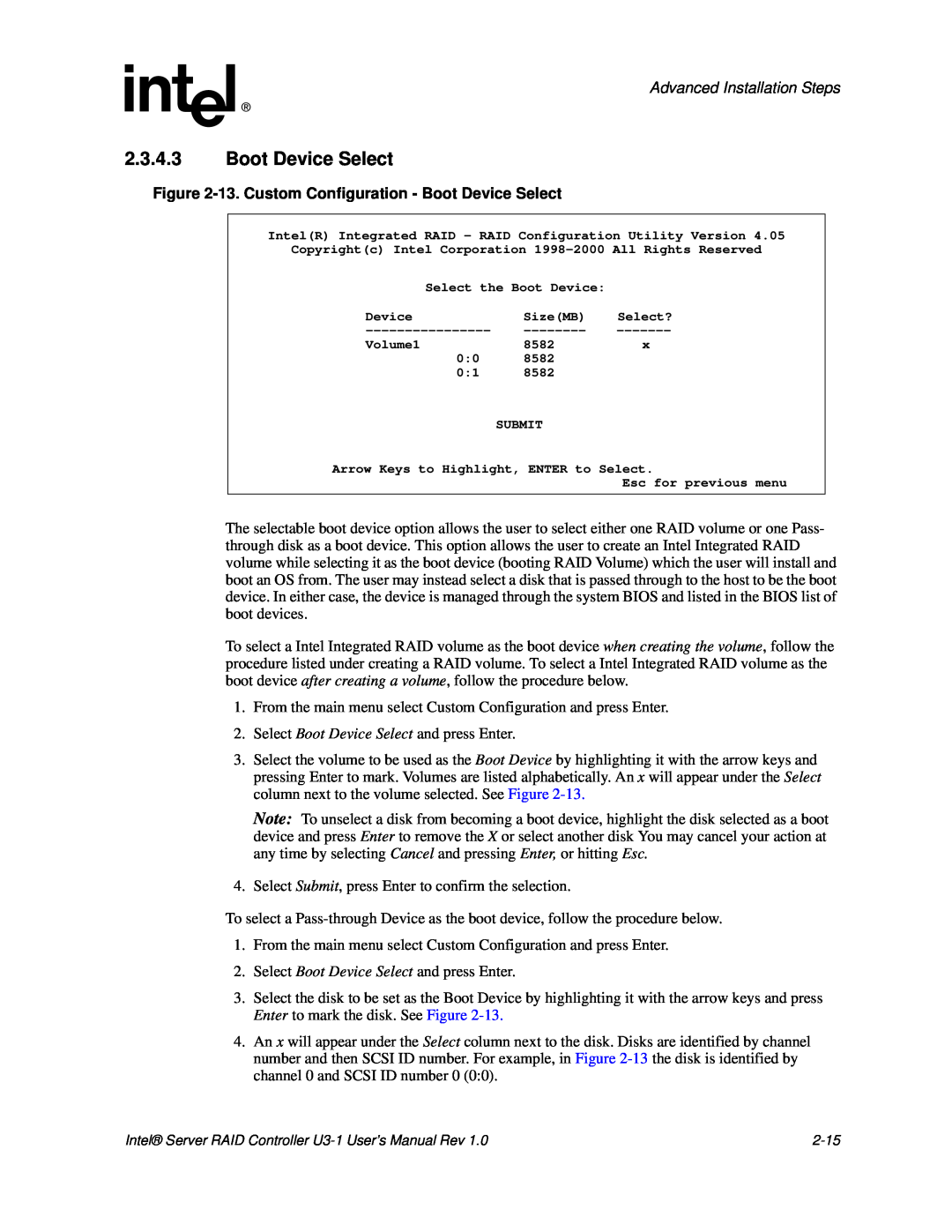 Intel SRCU31 user manual 2.3.4.3Boot Device Select, Advanced Installation Steps 