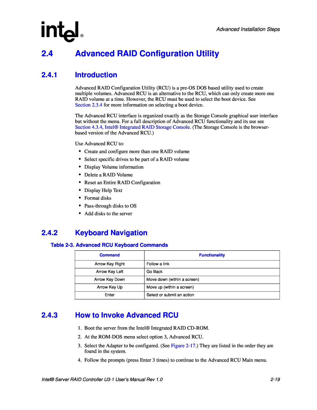 Intel SRCU31 user manual 2.4Advanced RAID Configuration Utility, 2.4.1Introduction, 2.4.2Keyboard Navigation 