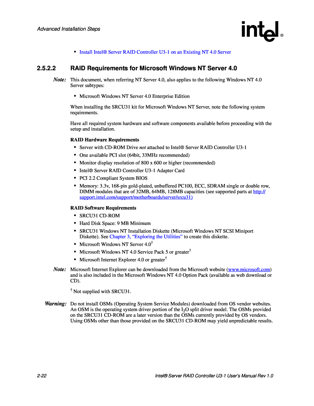 Intel SRCU31 user manual Advanced Installation Steps, RAID Hardware Requirements, RAID Software Requirements 