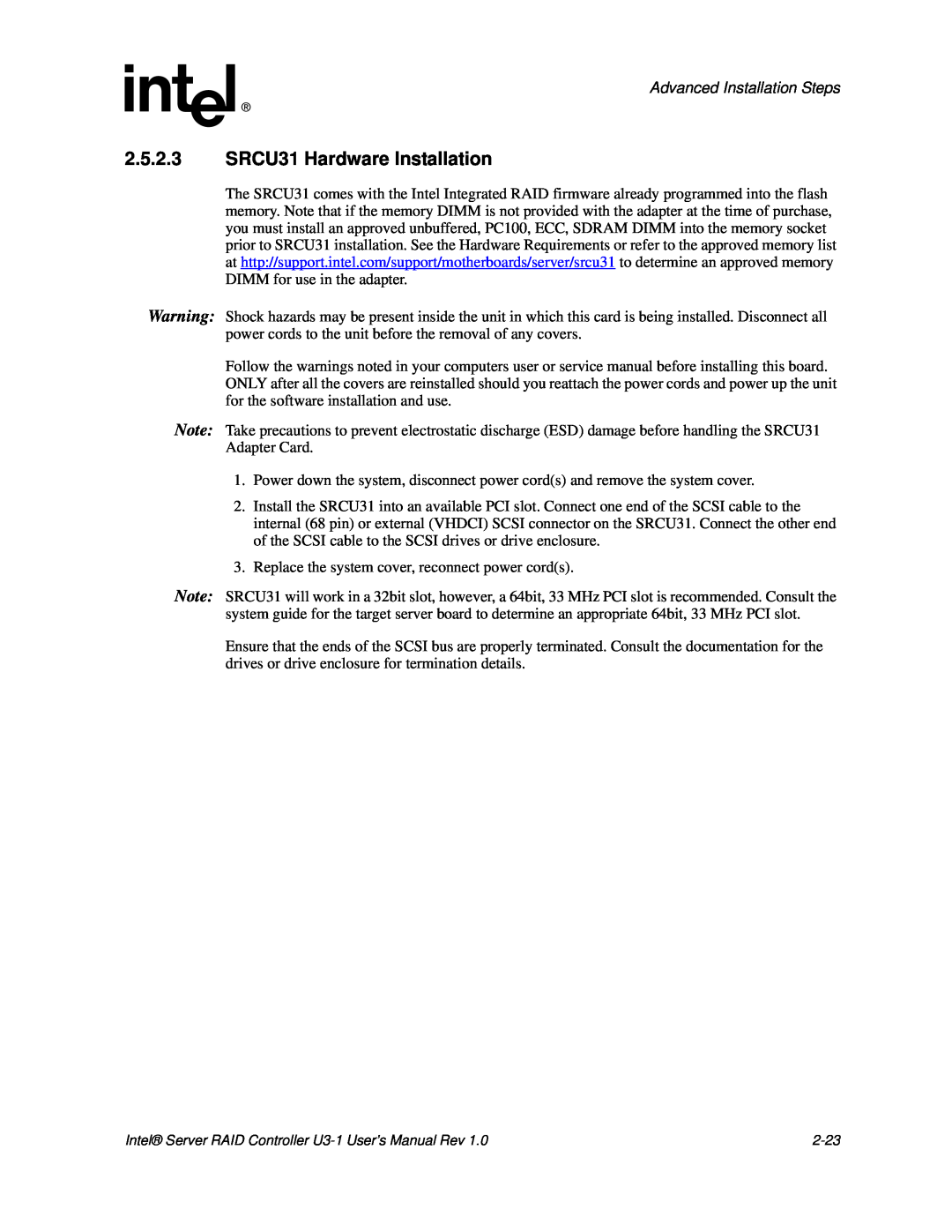 Intel user manual 2.5.2.3SRCU31 Hardware Installation, Advanced Installation Steps 