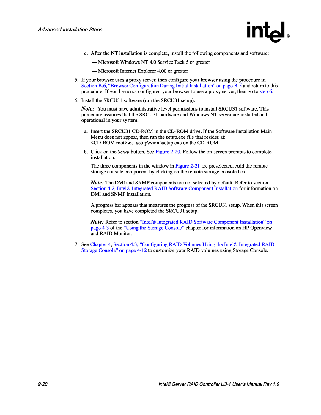 Intel SRCU31 user manual Advanced Installation Steps, Microsoft Internet Explorer 4.00 or greater 