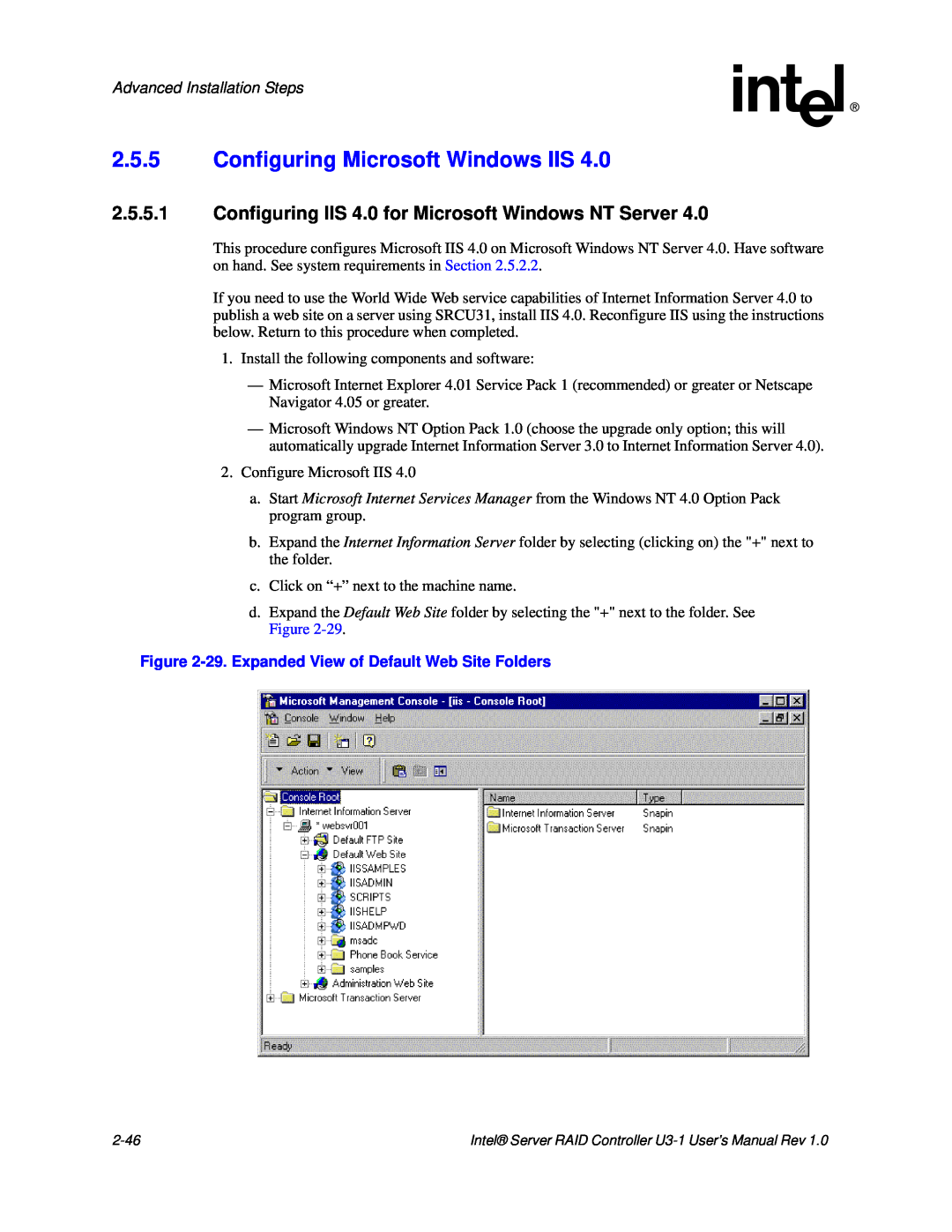 Intel SRCU31 user manual 2.5.5Configuring Microsoft Windows IIS, Advanced Installation Steps 