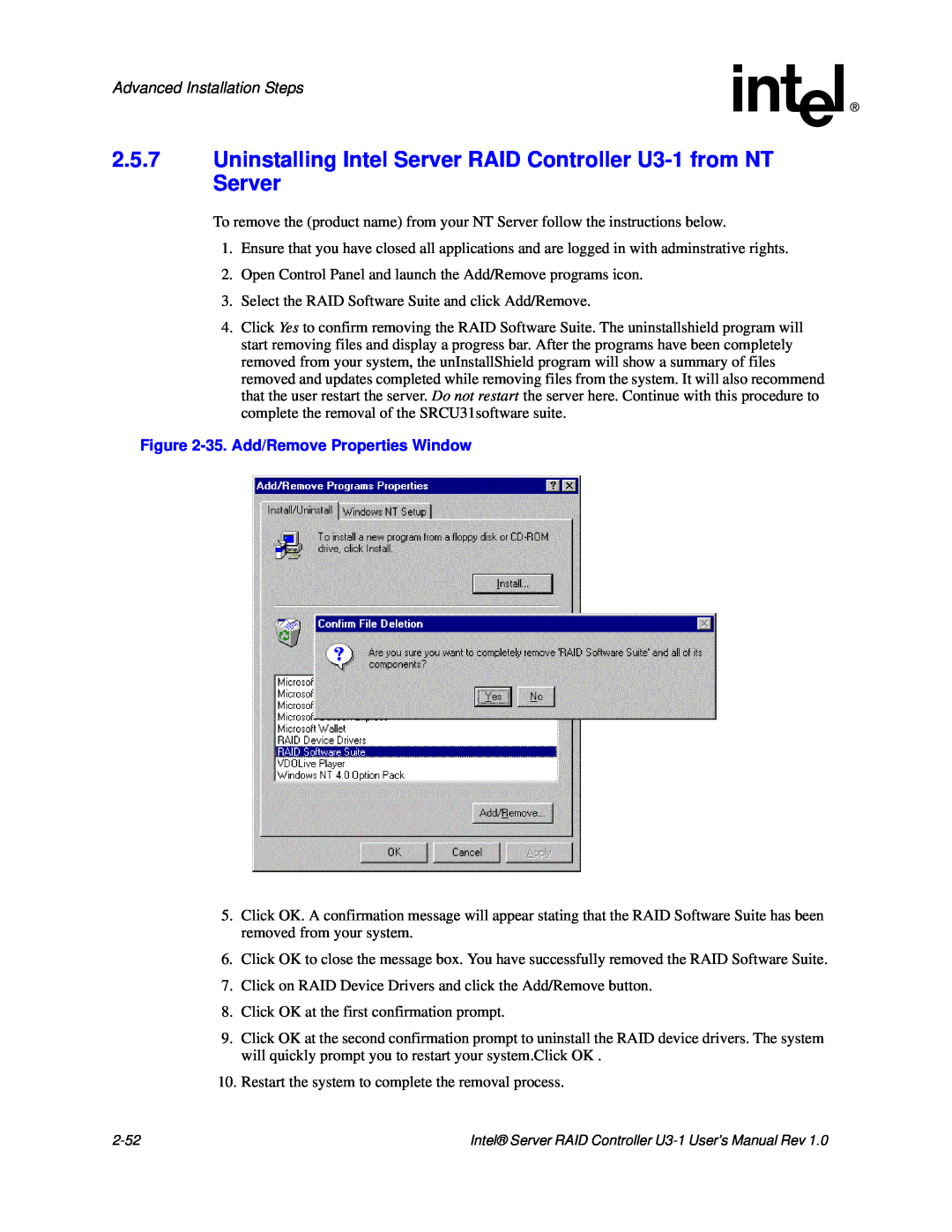 Intel SRCU31 user manual Advanced Installation Steps, 35.Add/Remove Properties Window 