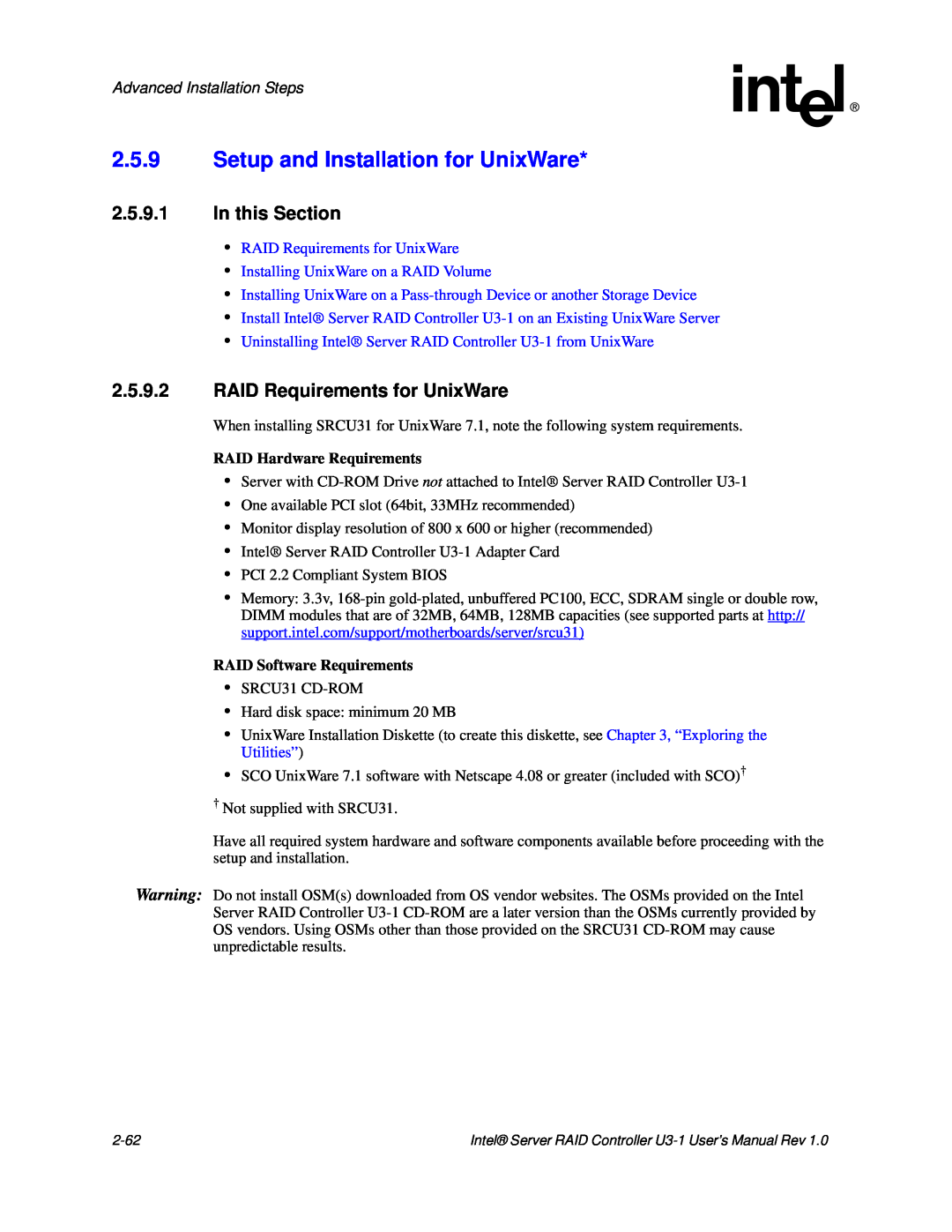 Intel SRCU31 user manual 2.5.9.1In this Section, 2.5.9.2RAID Requirements for UnixWare, Advanced Installation Steps 