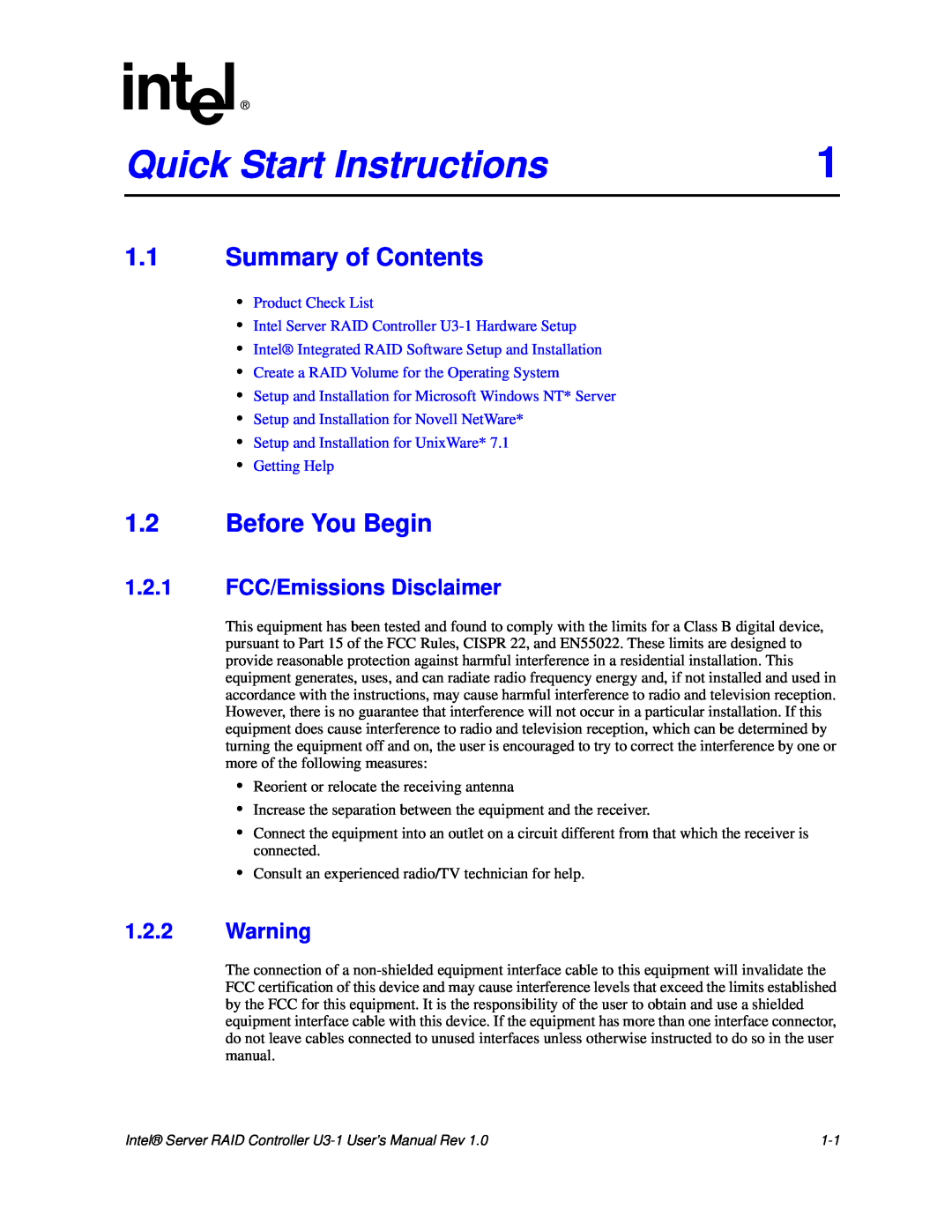 Intel SRCU31 user manual Quick Start Instructions, 1.1Summary of Contents, 1.2Before You Begin 