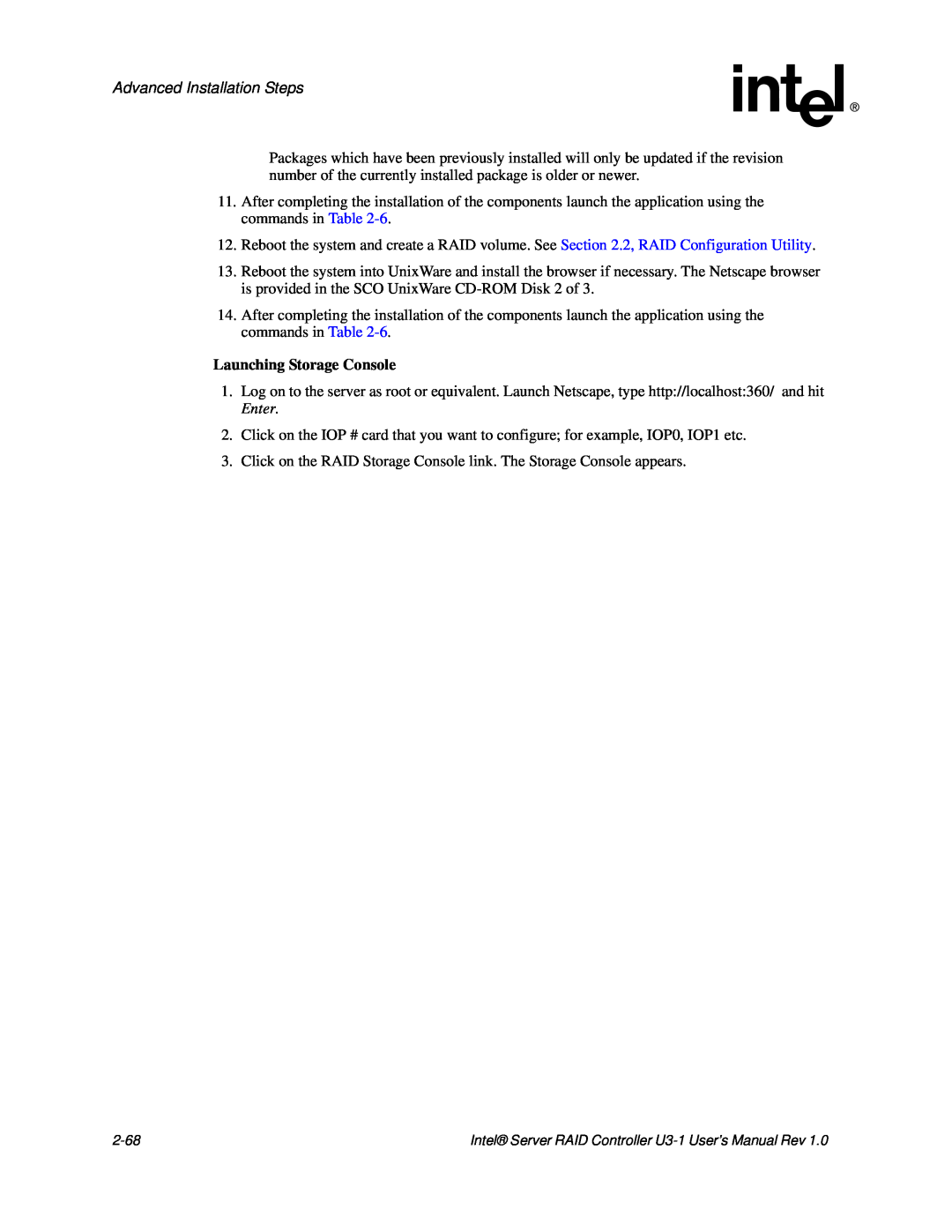 Intel SRCU31 user manual Advanced Installation Steps, Launching Storage Console, 2-68 