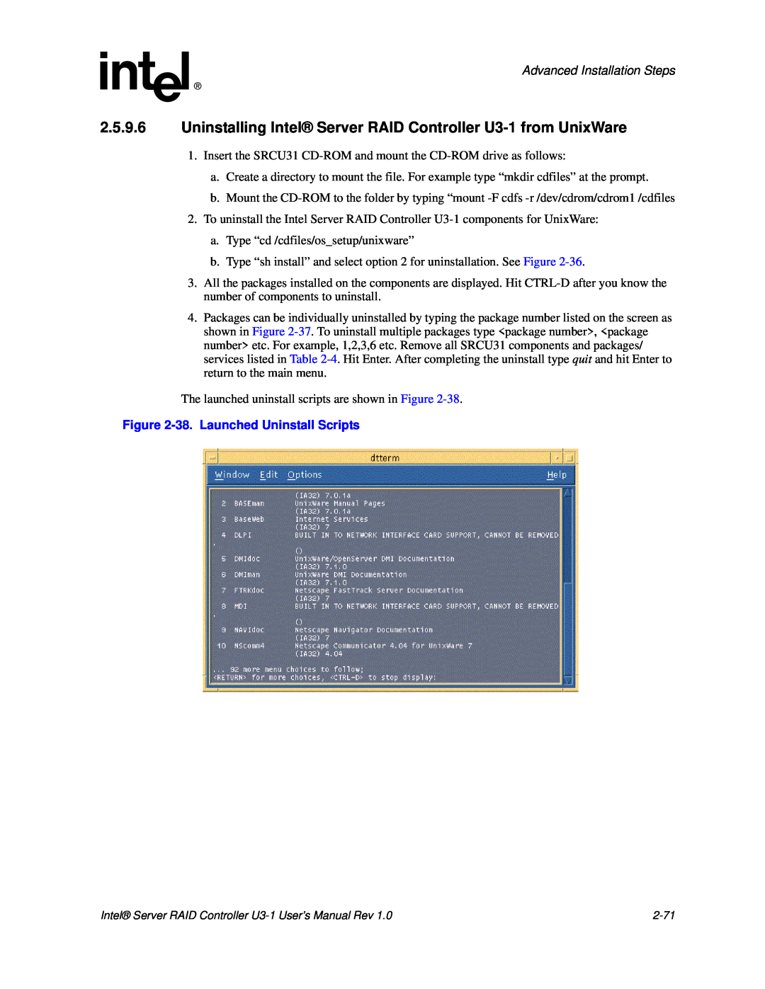 Intel SRCU31 user manual Advanced Installation Steps, 38.Launched Uninstall Scripts 